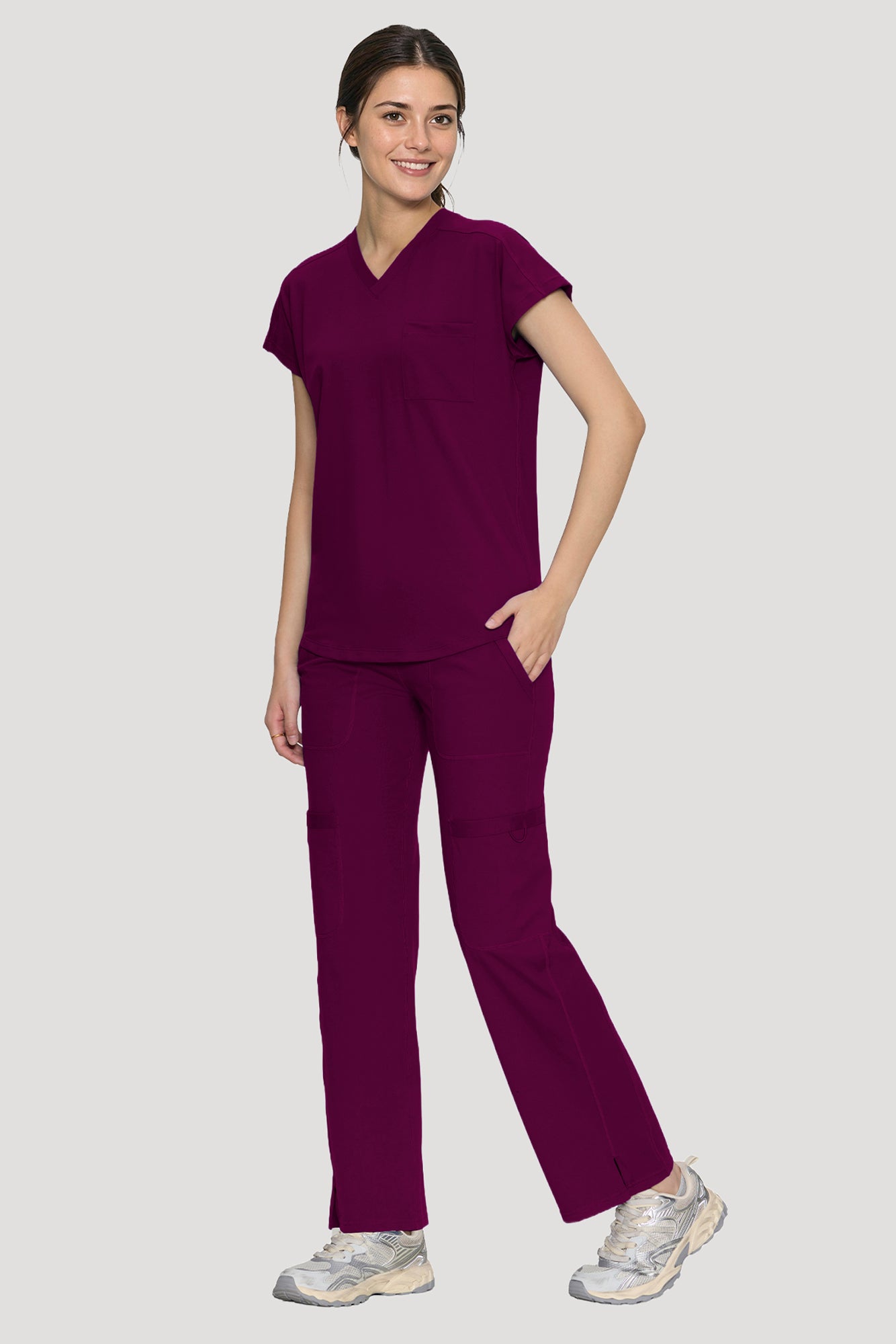 Scrubs for Women Set, V Neck Top & Straight Leg Pants | 6 Pockets, High Elastic Soft Fabric, Drop Shoulder, Slit Hem Yoga Scrub Pants for Easy Movement