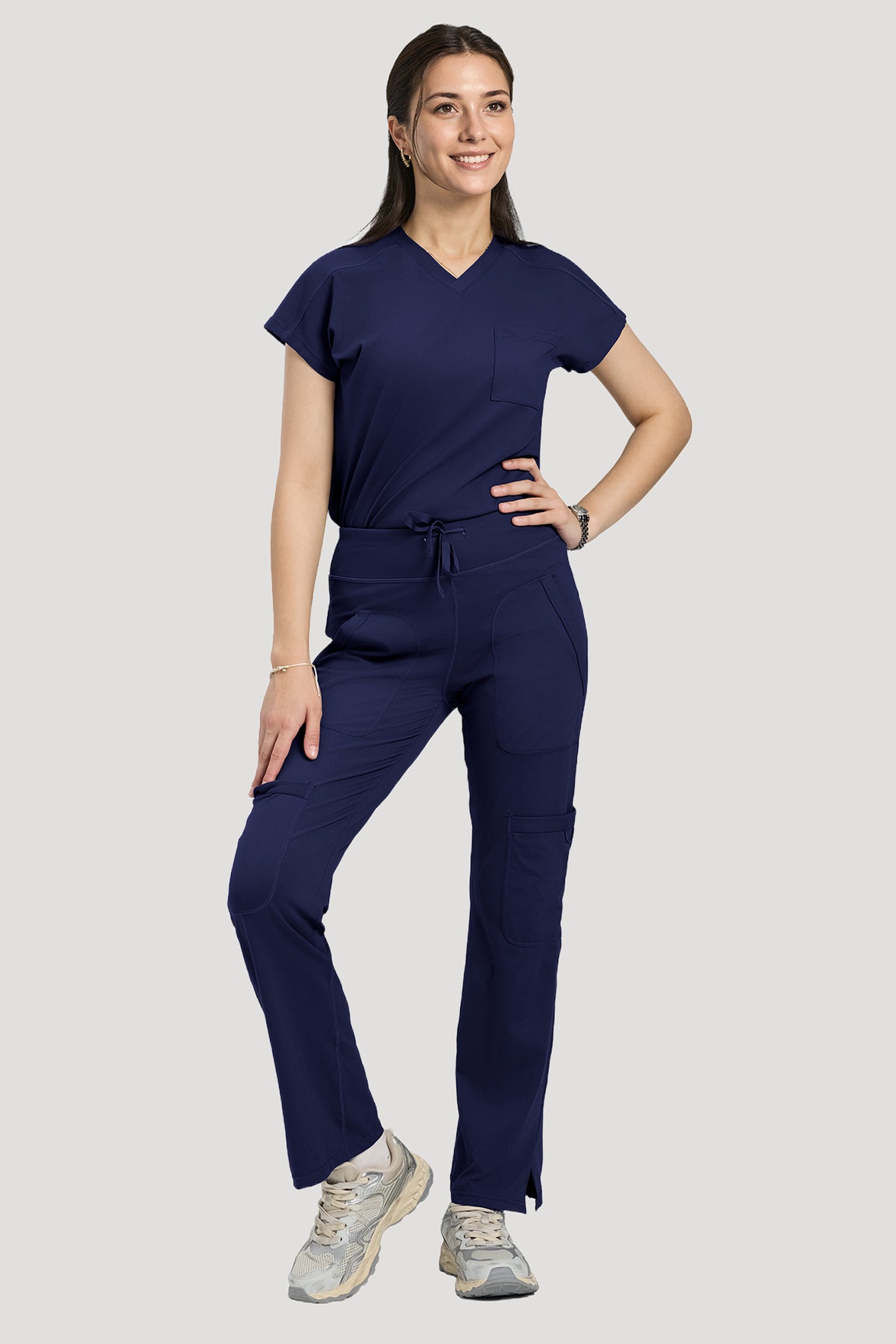 Scrubs for Women Set, V Neck Top & Straight Leg Pants | 6 Pockets, High Elastic Soft Fabric, Drop Shoulder, Slit Hem Yoga Scrub Pants for Easy Movement