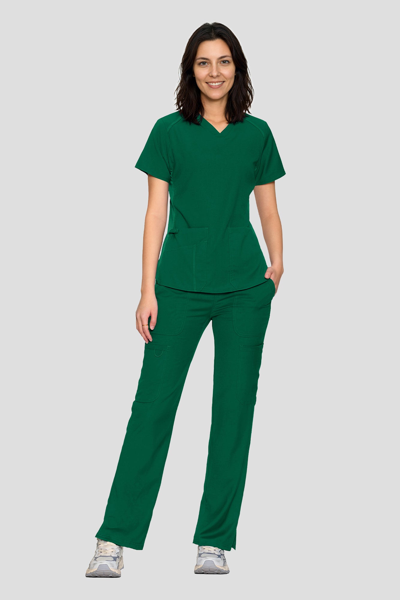 Scrubs for Women Set, V-Neck Top & Straight Leg Cargo Pants. 9 Pockets. Side Ribbed Panels, Side Slits, Ultra-Soft Stretch Fabric, Breathable Medical Uniform for Workwear