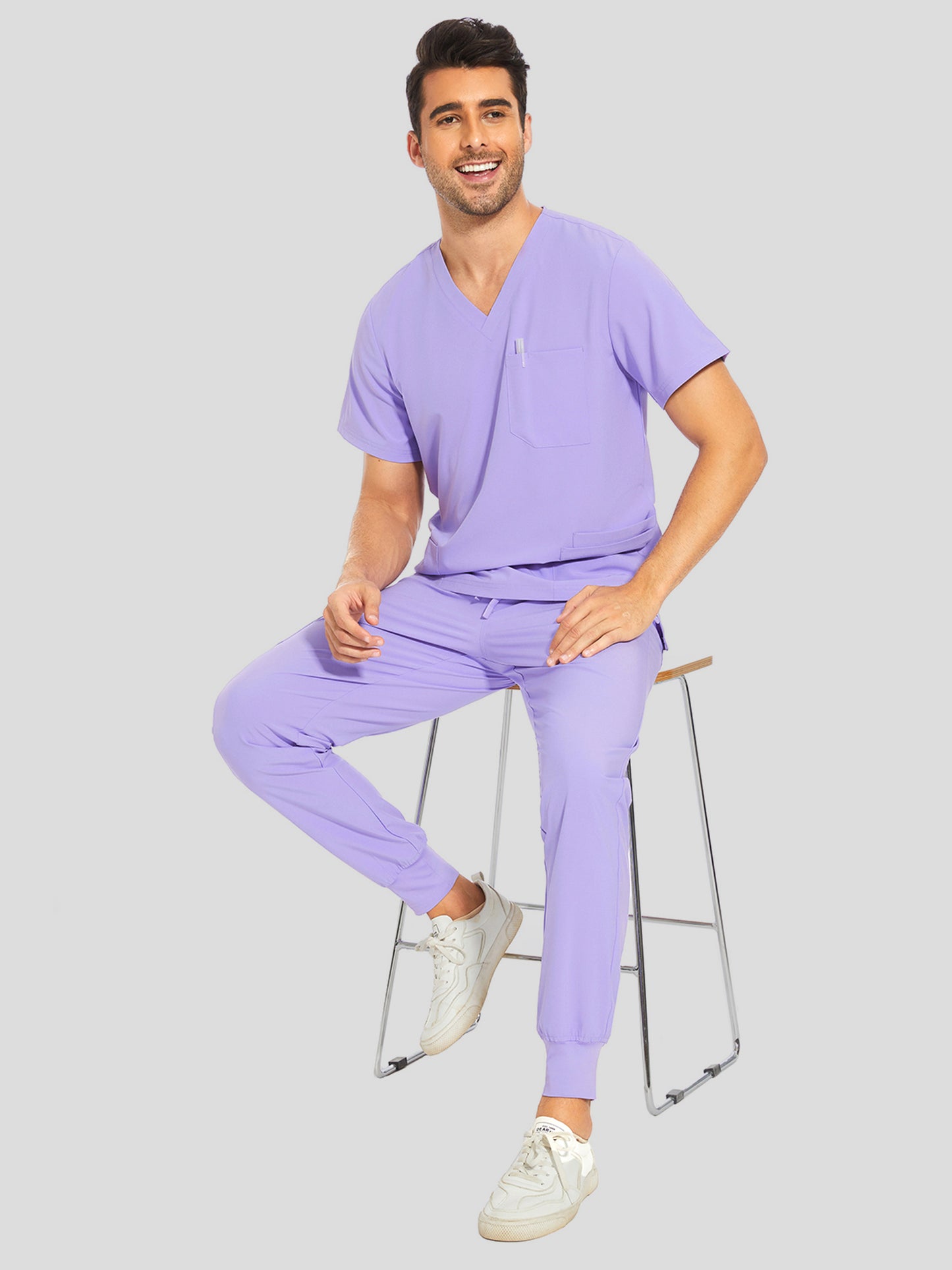 COZYFIT V-Neck Scrub Top & Jogger Pant with 8 Pockets, Yoga Waistband, Anti-Wrinkle Scrubs for Men