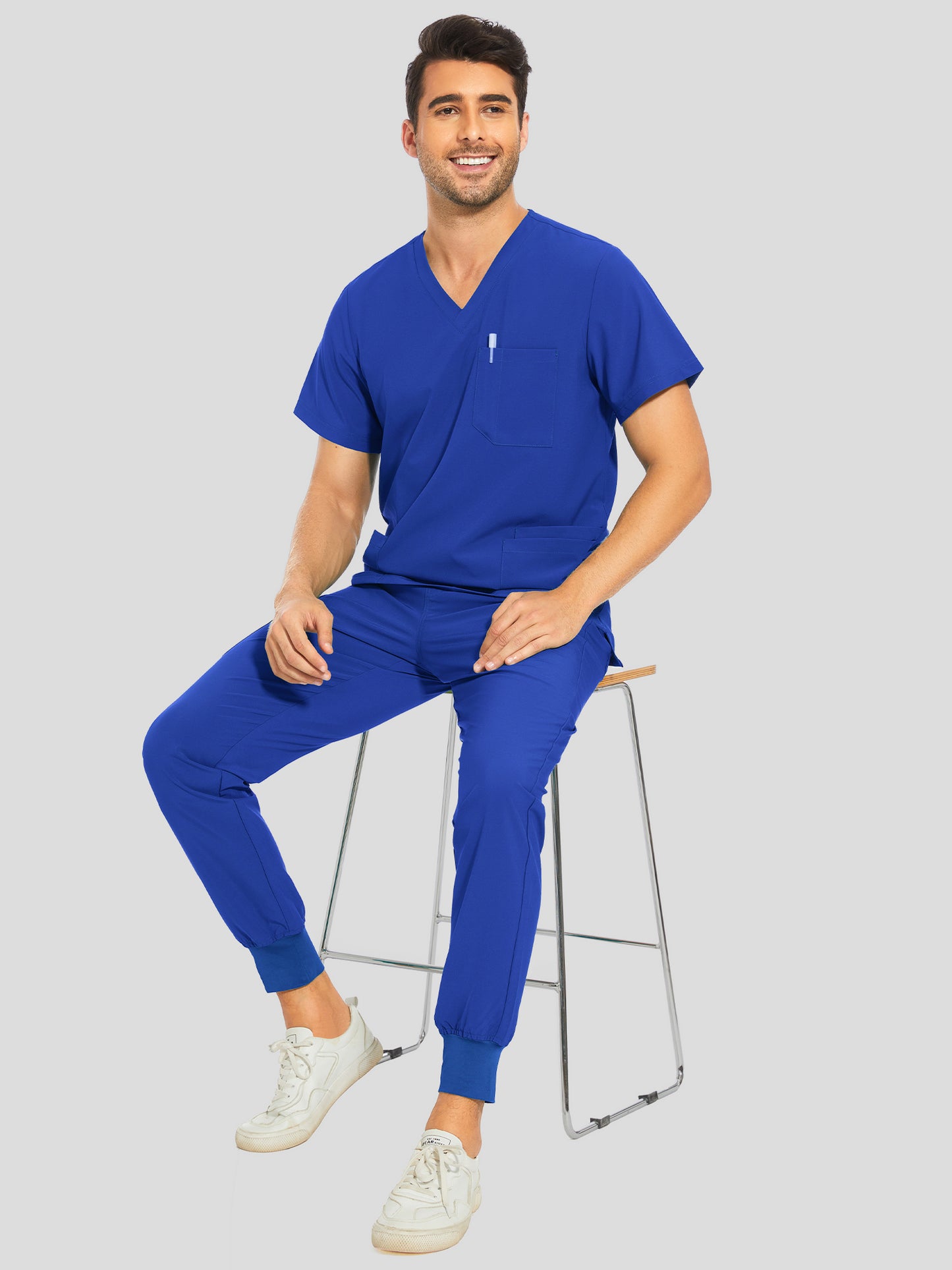COZYFIT V-Neck Scrub Top & Jogger Pant with 8 Pockets, Yoga Waistband, Anti-Wrinkle Scrubs for Men