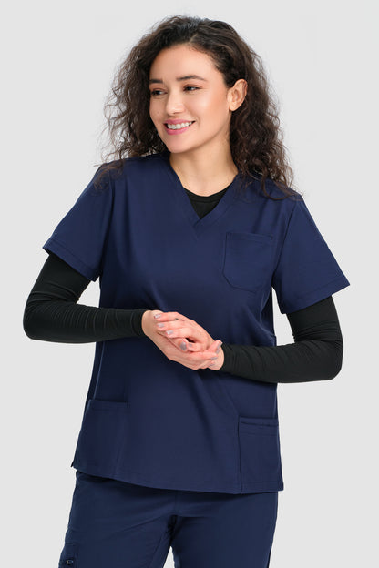 Women's Long-Sleeve Crew-Neck Underscrub Top, Black, Worn Under Scrubs View