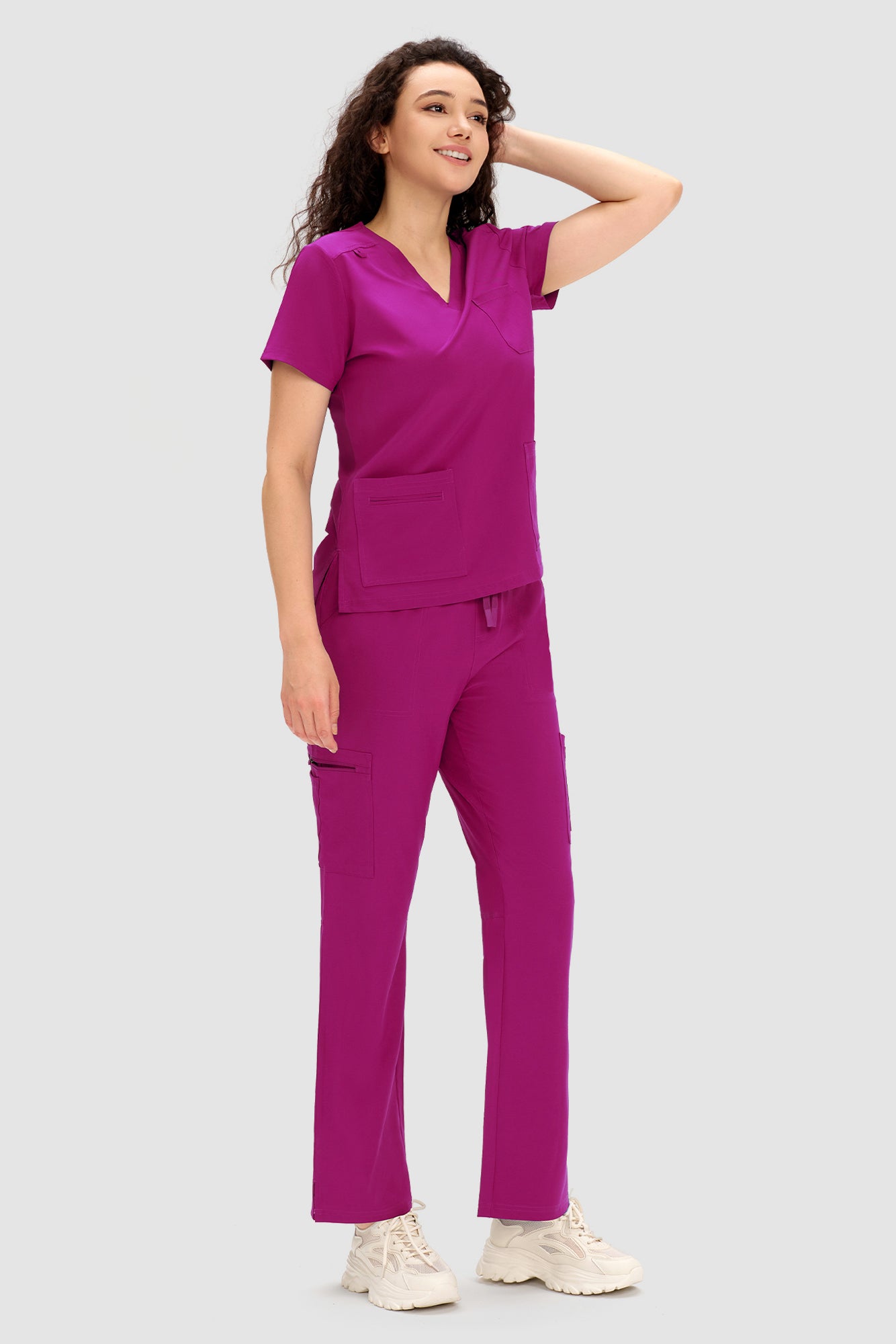 COZYFIT Scrubs for Women - V Neck Top and Bootcut Cargo Straight Pants with 12 Pockets