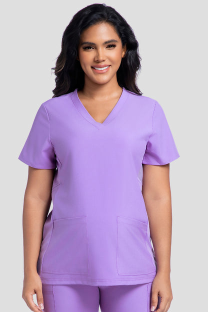 Women's Maternity V-Neck Scrub Top, Light Purple, Model Front View