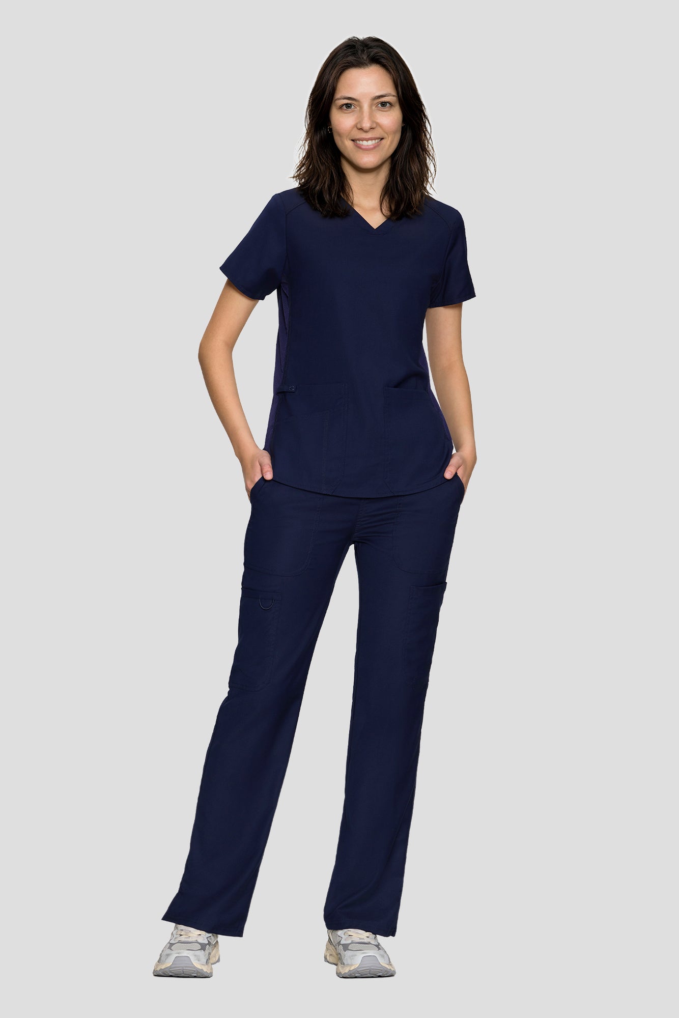Scrubs for Women Set, V-Neck Top & Straight Leg Cargo Pants. 9 Pockets. Side Ribbed Panels, Side Slits, Ultra-Soft Stretch Fabric, Breathable Medical Uniform for Workwear