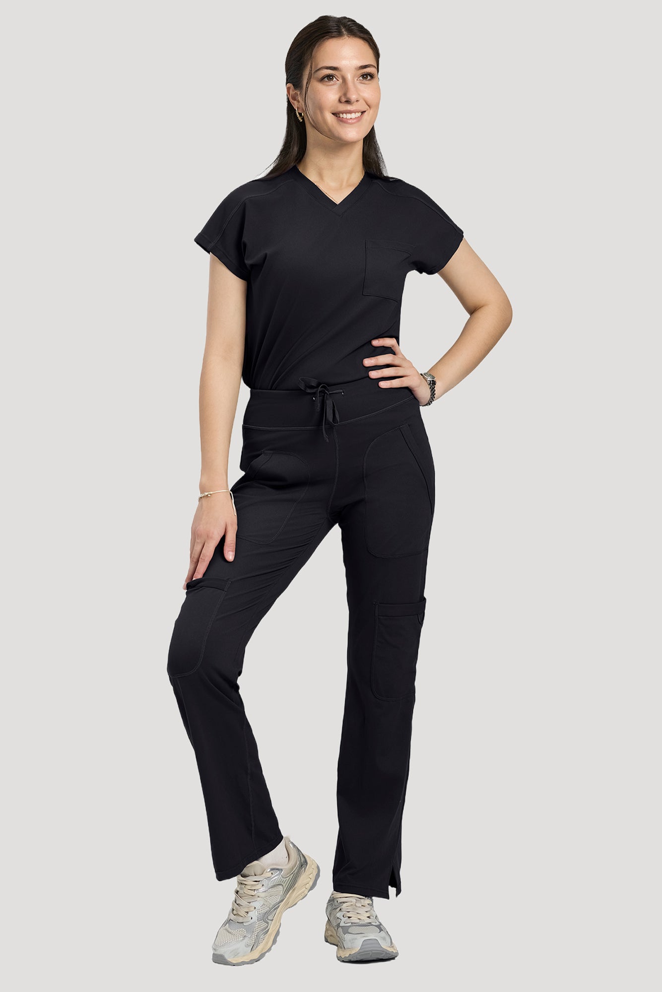 Scrubs for Women Set, V Neck Top & Straight Leg Pants | 6 Pockets, High Elastic Soft Fabric, Drop Shoulder, Slit Hem Yoga Scrub Pants for Easy Movement
