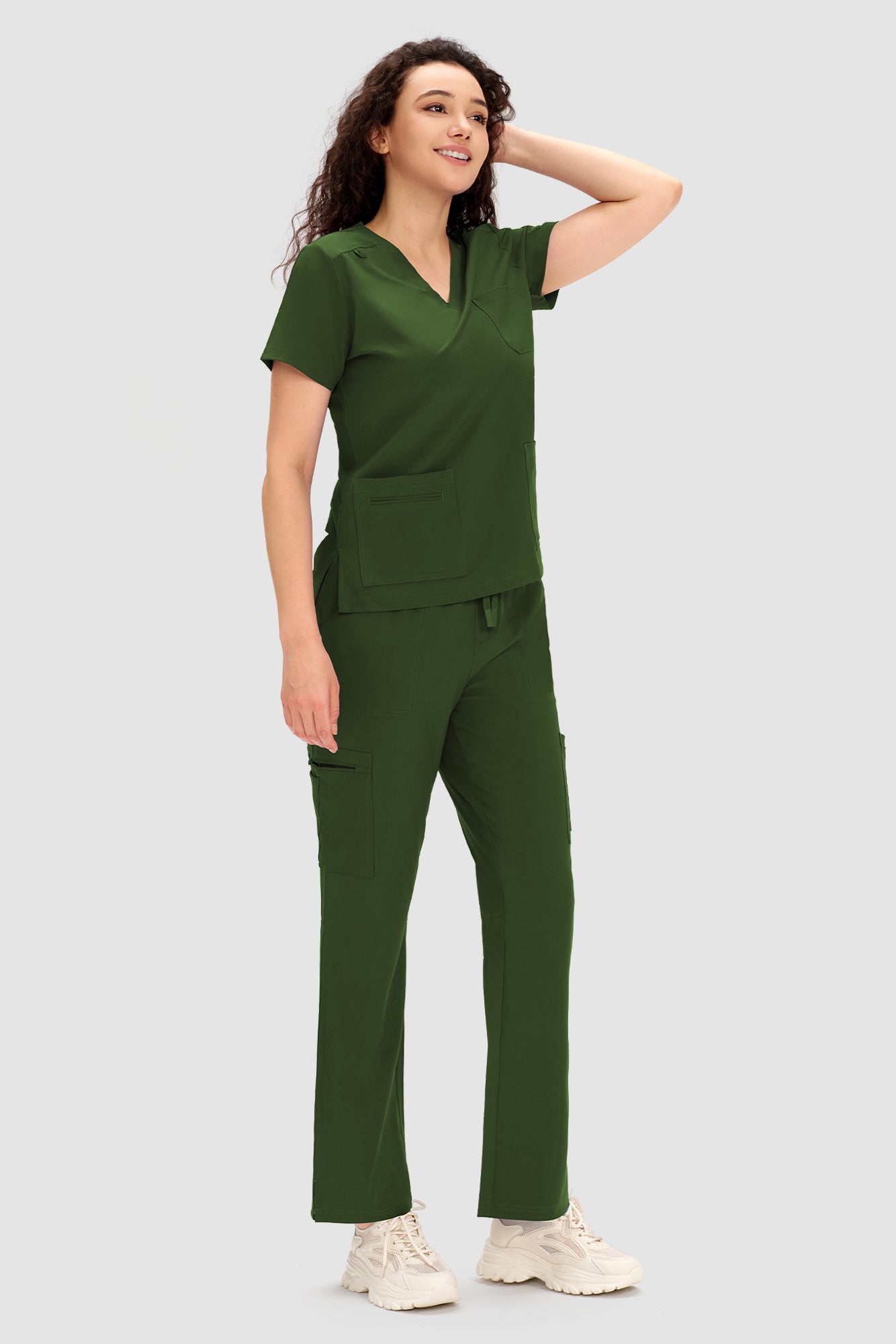 COZYFIT Scrubs for Women - V Neck Top and Bootcut Cargo Straight Pants with 12 Pockets