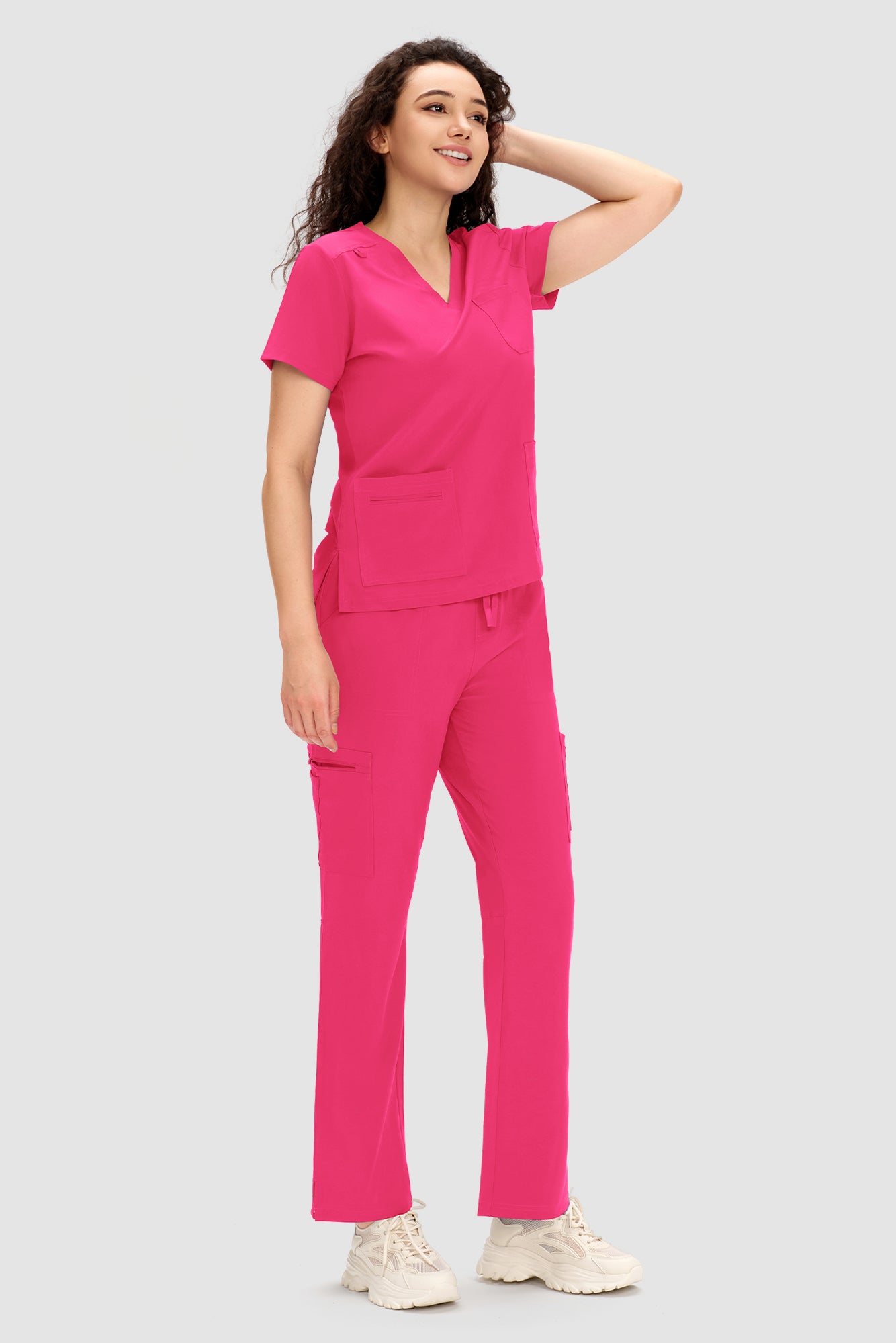 COZYFIT Scrubs for Women - V Neck Top and Bootcut Cargo Straight Pants with 12 Pockets