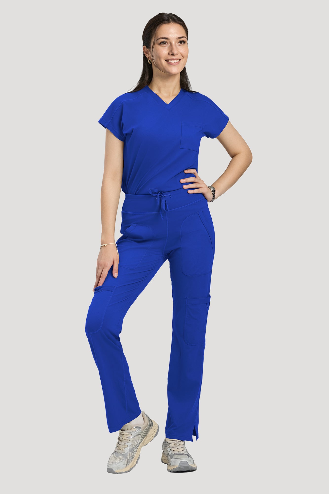 Scrubs for Women Set, V Neck Top & Straight Leg Pants | 6 Pockets, High Elastic Soft Fabric, Drop Shoulder, Slit Hem Yoga Scrub Pants for Easy Movement