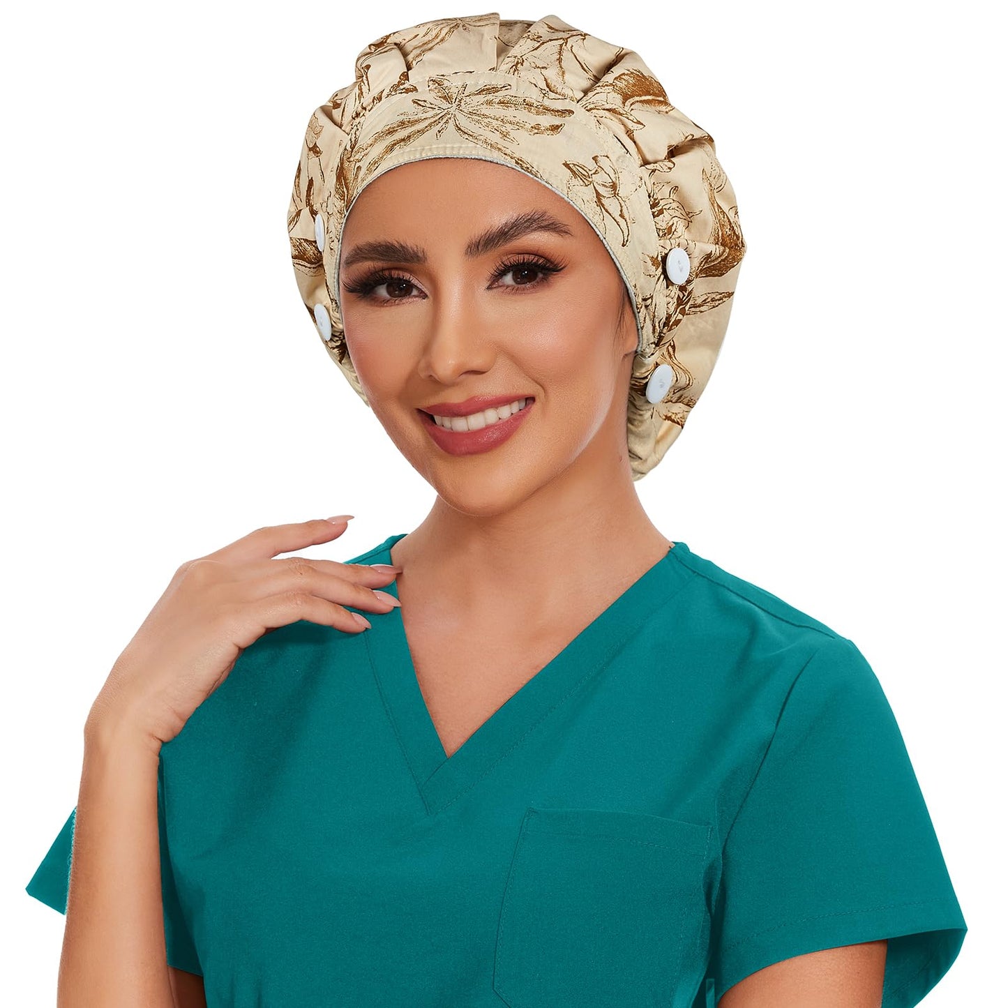 Adjustable Button Scrub Cap — B18-Etched Botanicals — Single Layer — 4