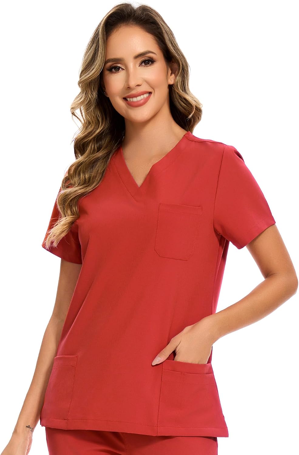 Luna V-Neck Scrub Top — Red — 2