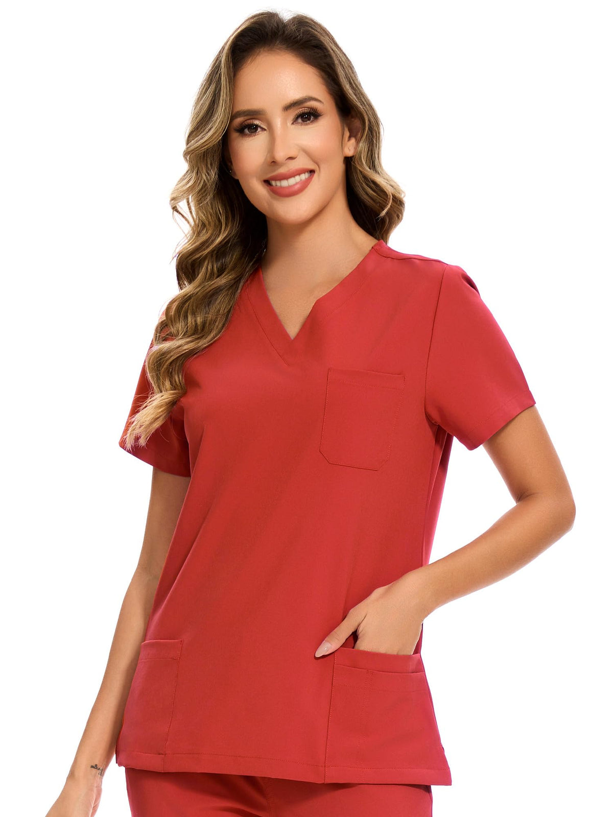Luna V-Neck Scrub Top — Red — 2