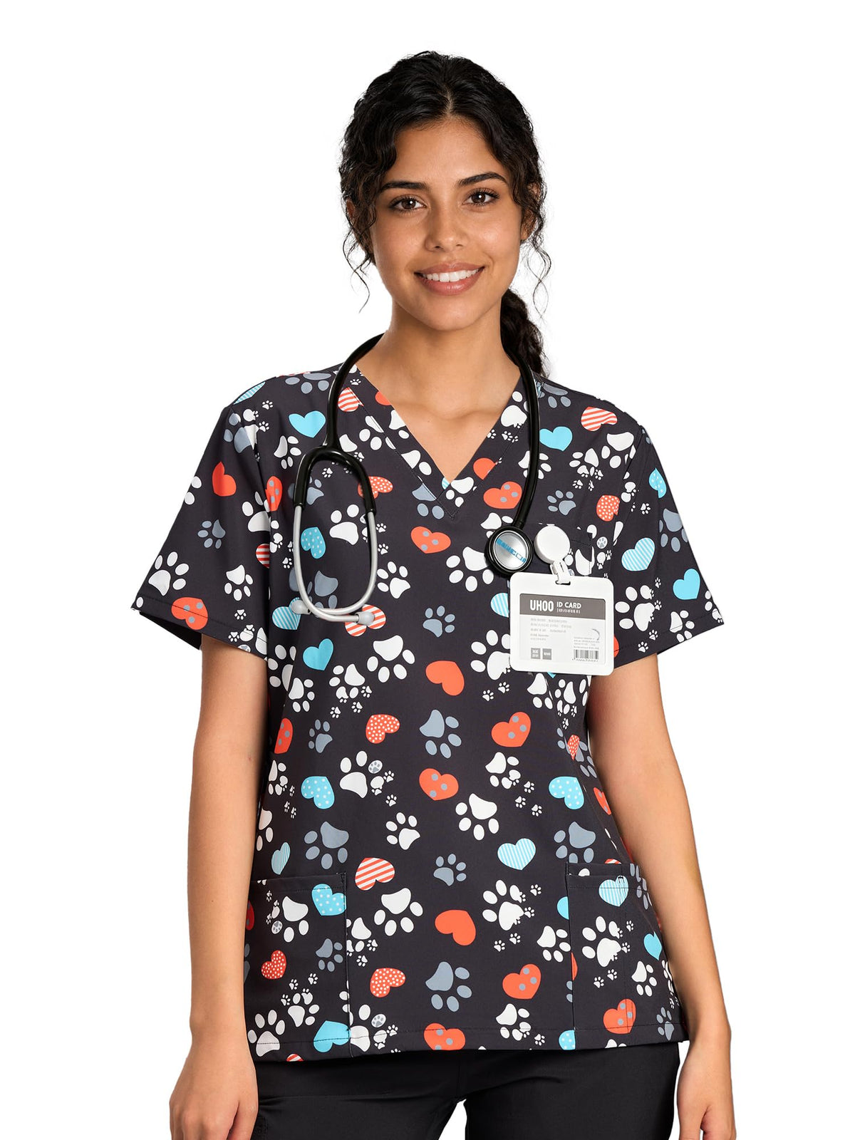 CSYHT01P01 Women's Printed V-Neck Scrub Top — Dog Paw Prints — 1
