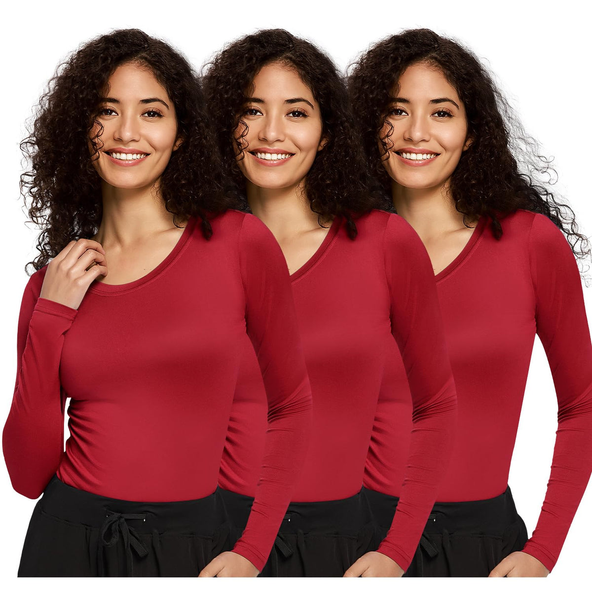 Mira Long Sleeve Crew Neck Underscrub 3-Pack — Burgundy — 1