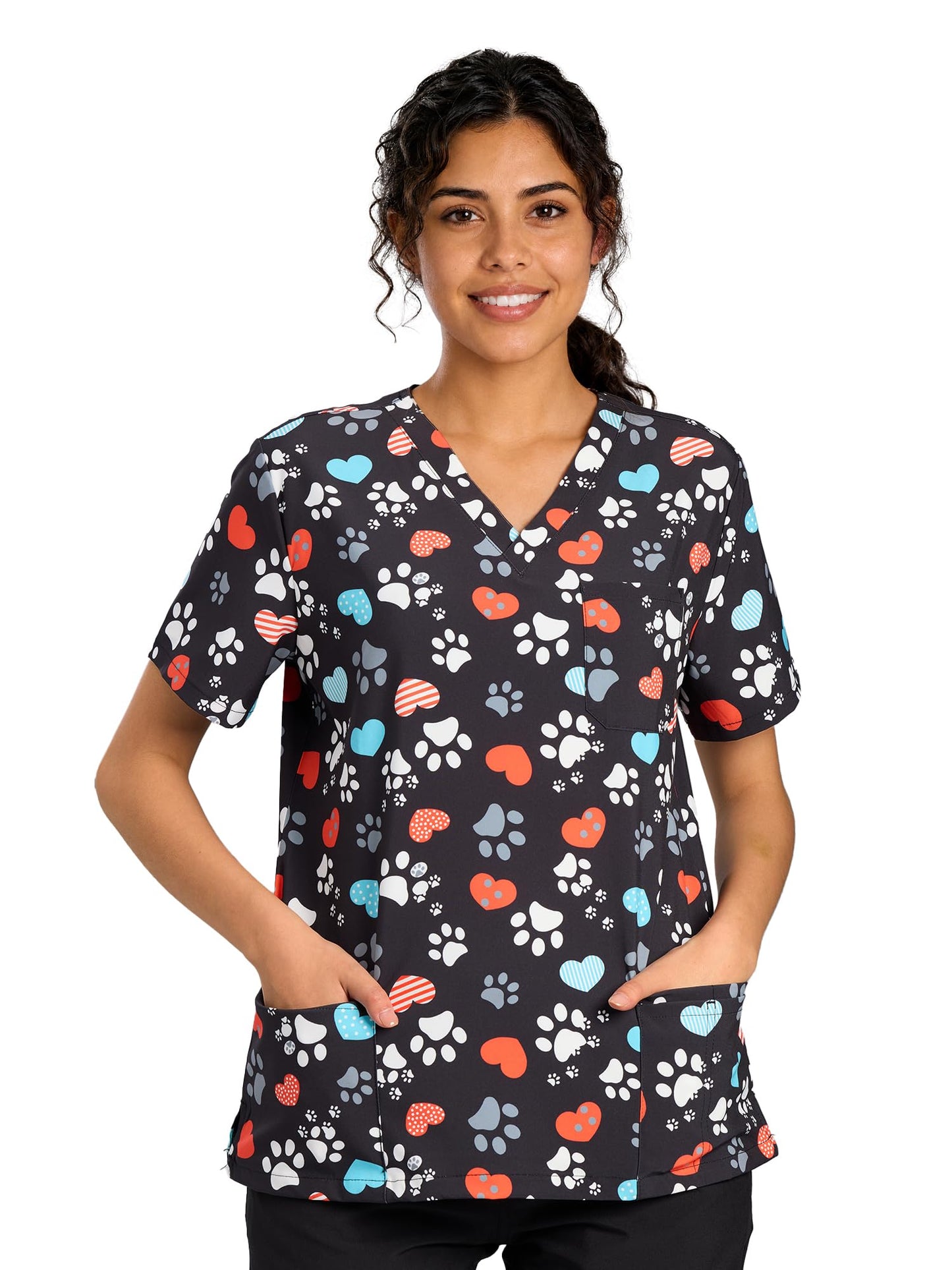 CSYHT01P01 Women's Printed V-Neck Scrub Top — Dog Paw Prints — 6