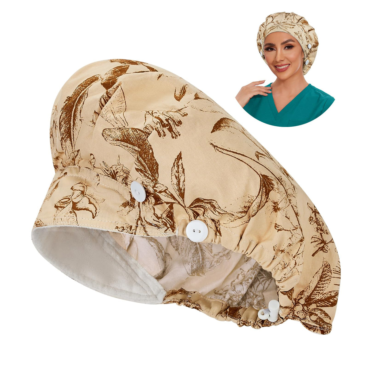 Adjustable Button Scrub Cap — B18-Etched Botanicals — Single Layer — 1