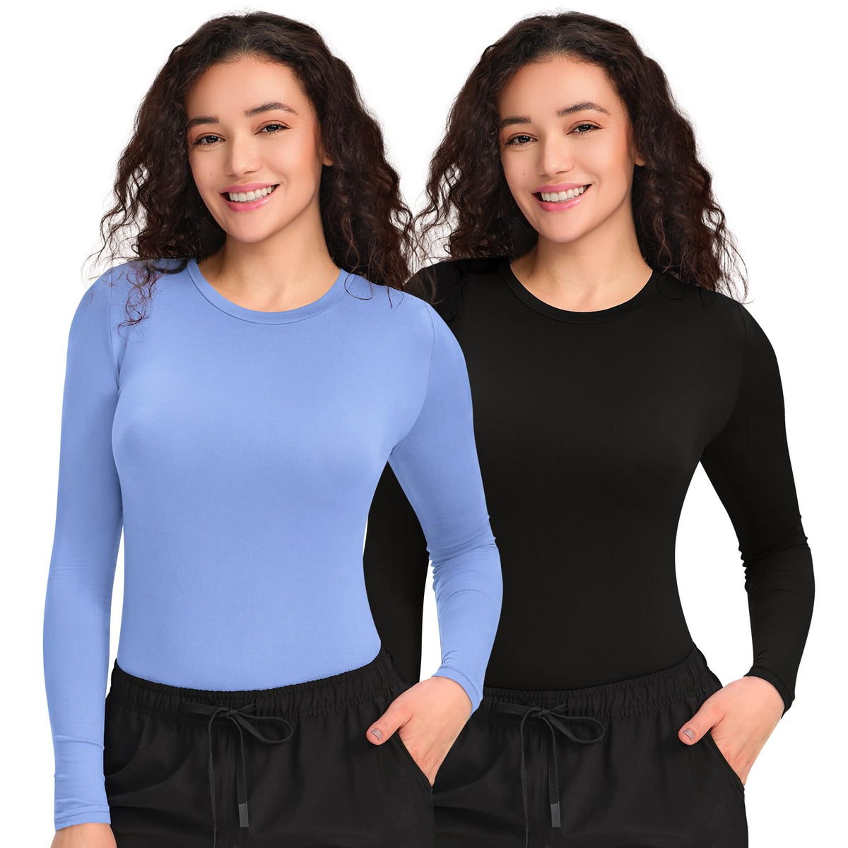 CSDD03 Women's 2-Pack Long-Sleeve Underscrub Top — Black/Ceil Blue — 1