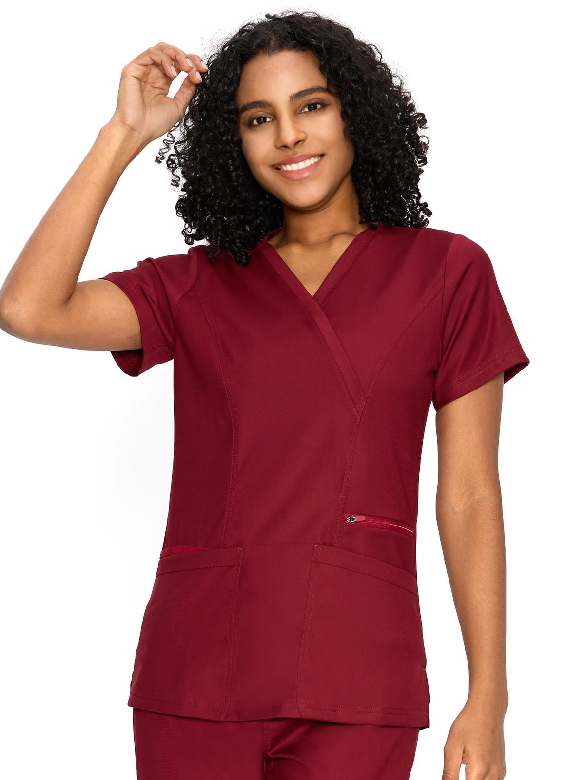 Venus Mock Wrap Scrub Top, Burgundy, Model Front View