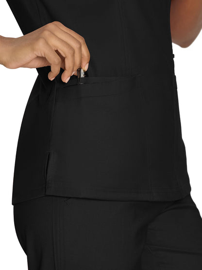 Venus Mock Wrap Scrub Top, Black, Zippered Pocket Detail