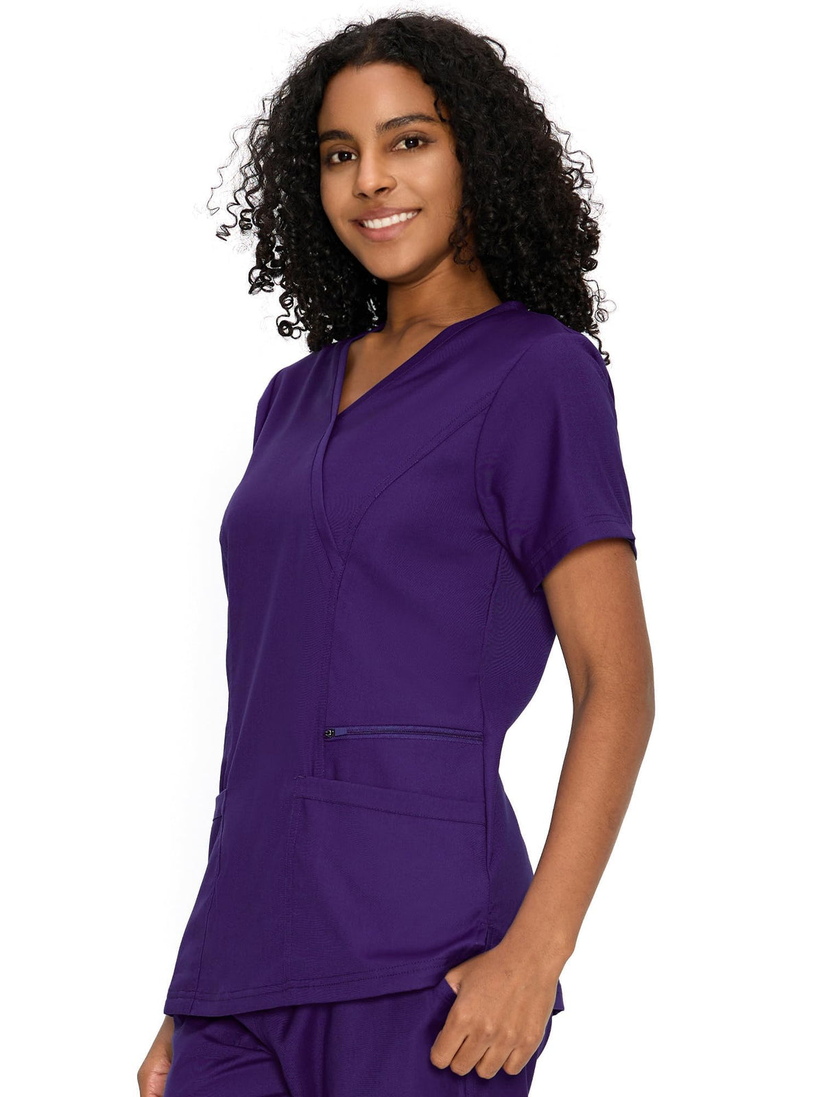 Venus Mock Wrap Scrub Top, Dark Purple, Model Front View