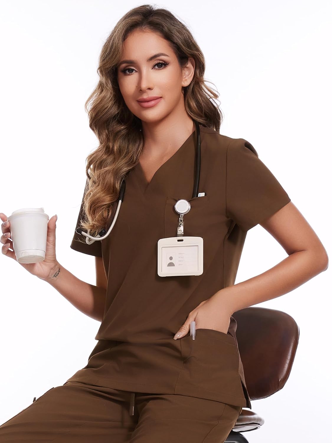 Luna V-Neck Scrub Top — Brown — 6