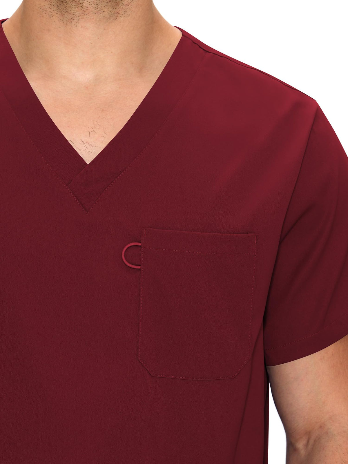 Orion V-Neck Scrub Top, Burgundy, V-Neck and Chest Pocket Detail