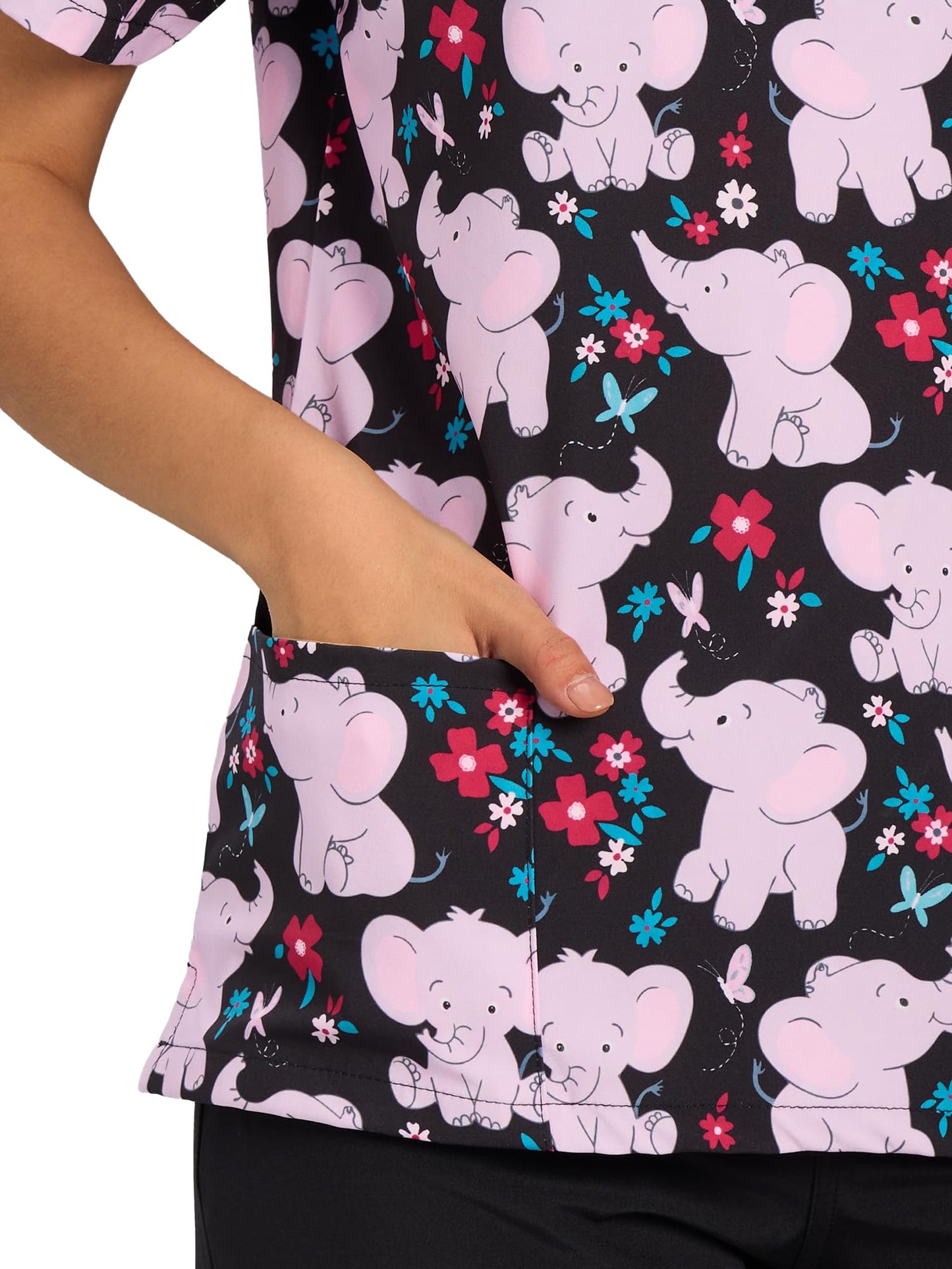 CSYHT01P01 Women's Printed V-Neck Scrub Top — Pink Elephant — 8