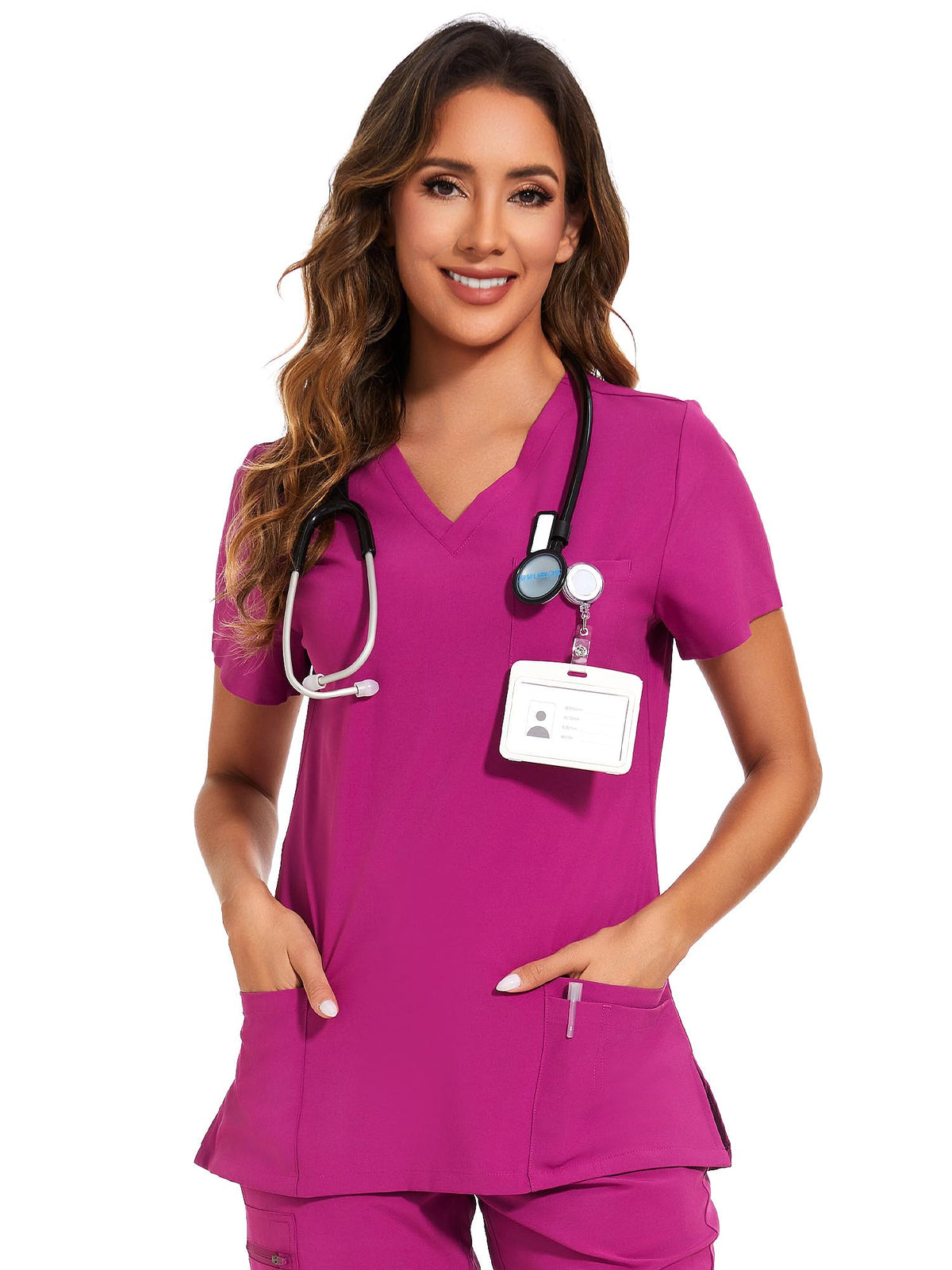 Luna V-Neck Scrub Top — Azalea Pink — 1