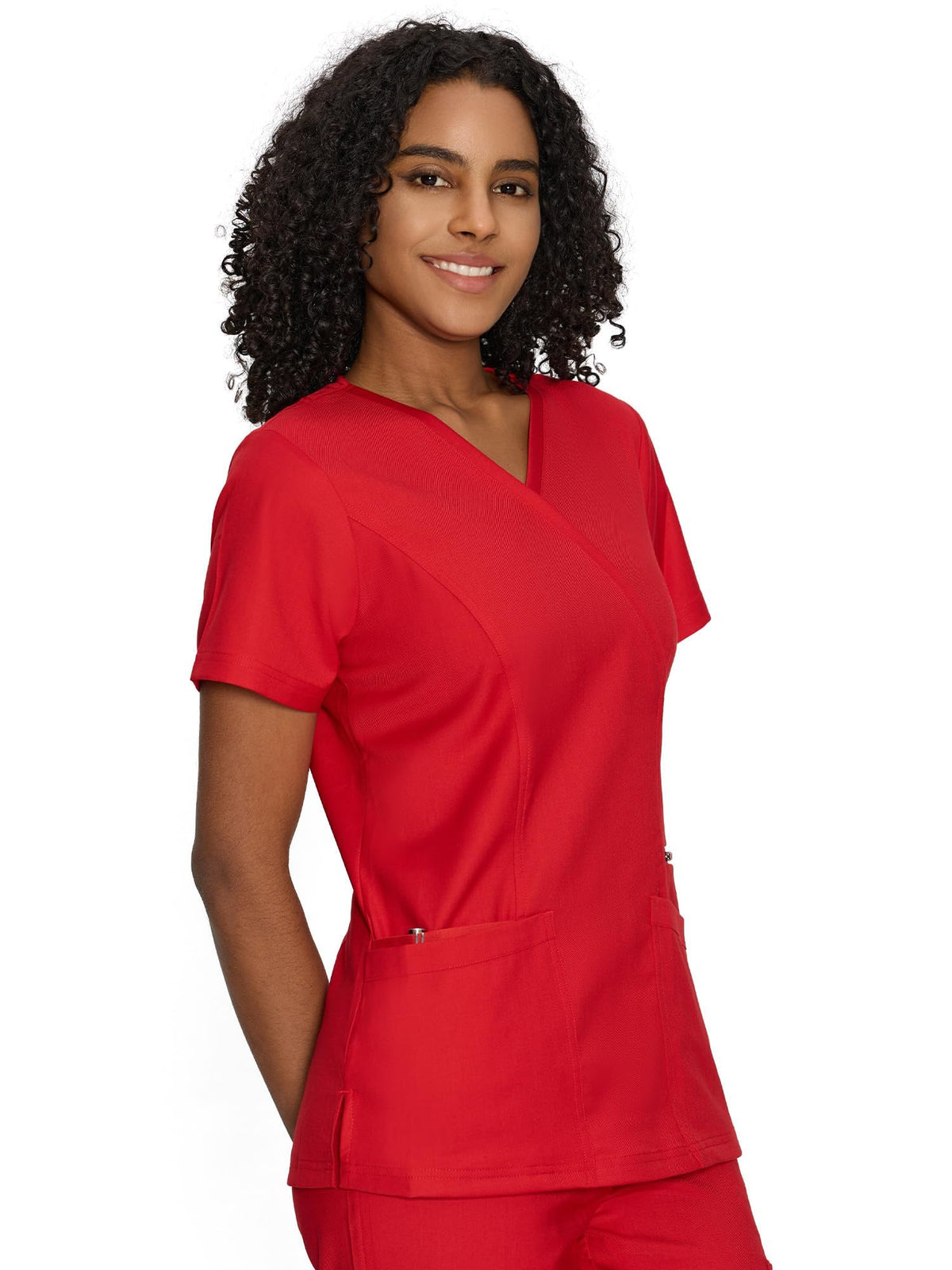Venus Mock Wrap Scrub Top, Red, Model Front View