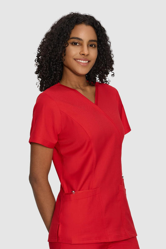 Venus Mock Wrap Scrub Top, Red, Model Front View