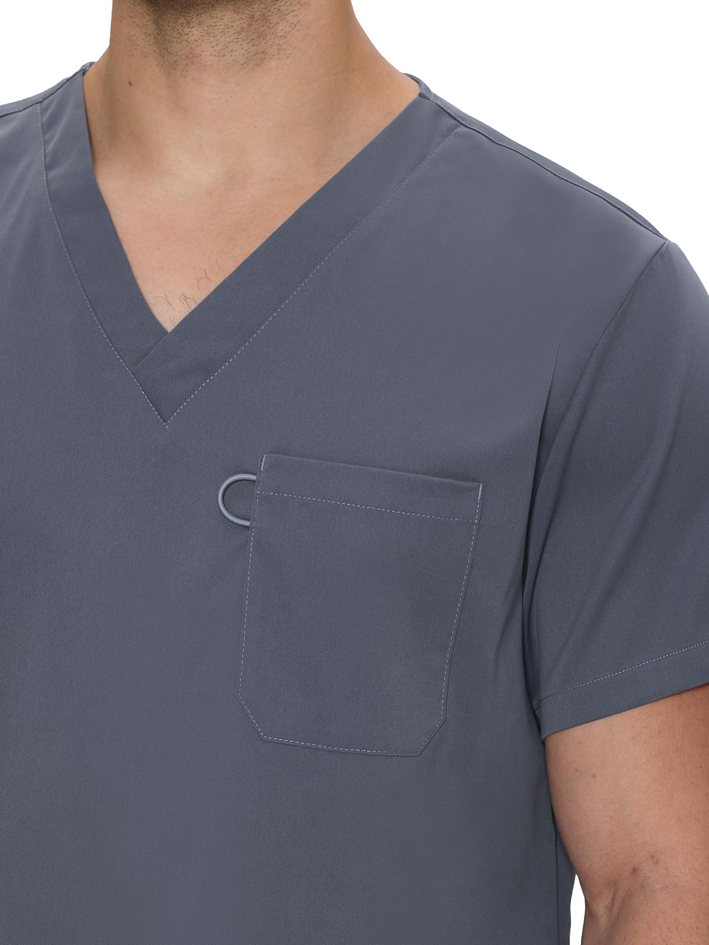 Orion V-Neck Scrub Top, Rock Grey, V-Neck and Chest Pocket Detail