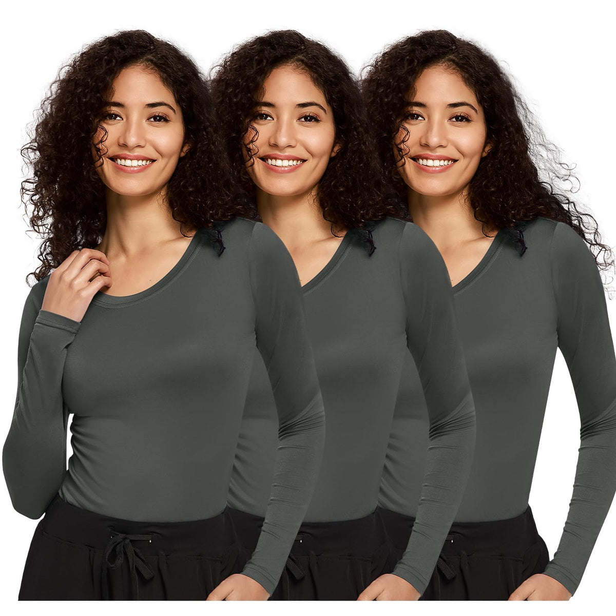 Mira Long Sleeve Crew Neck Underscrub 3-Pack — Dark Grey — 1