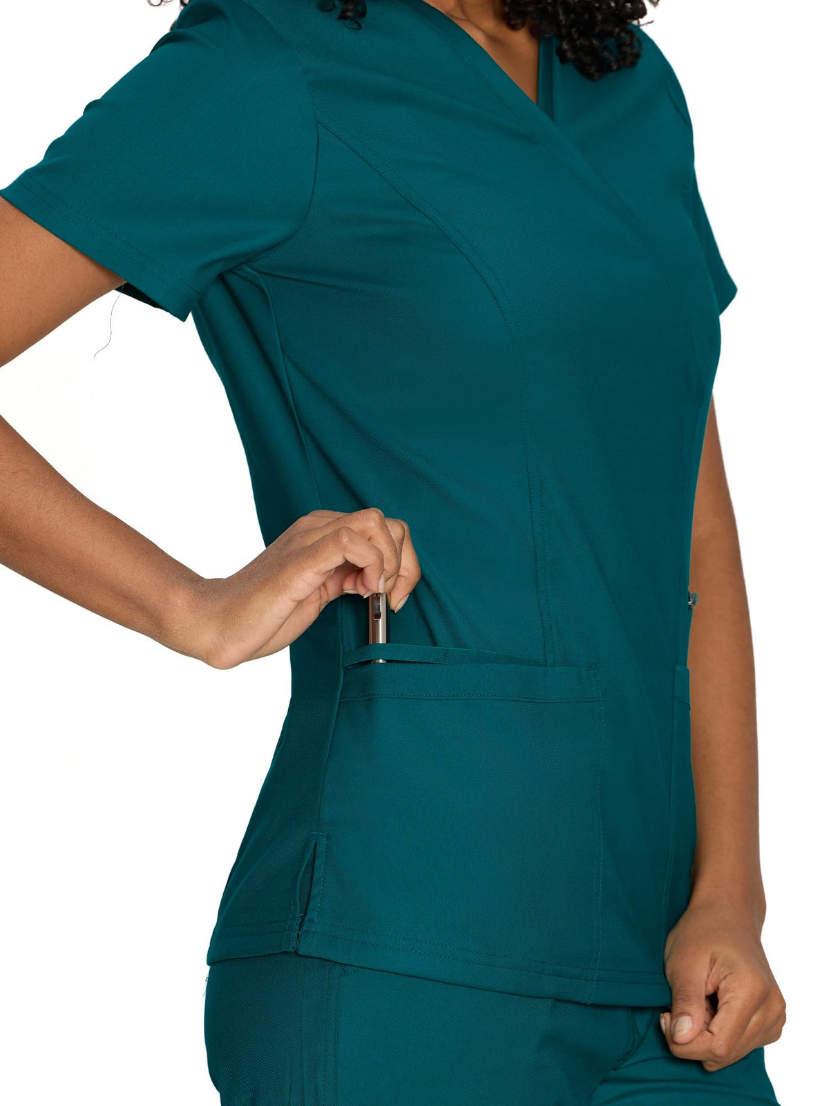 Venus Mock Wrap Scrub Top, Caribbean Blue, Pocket Detail 2