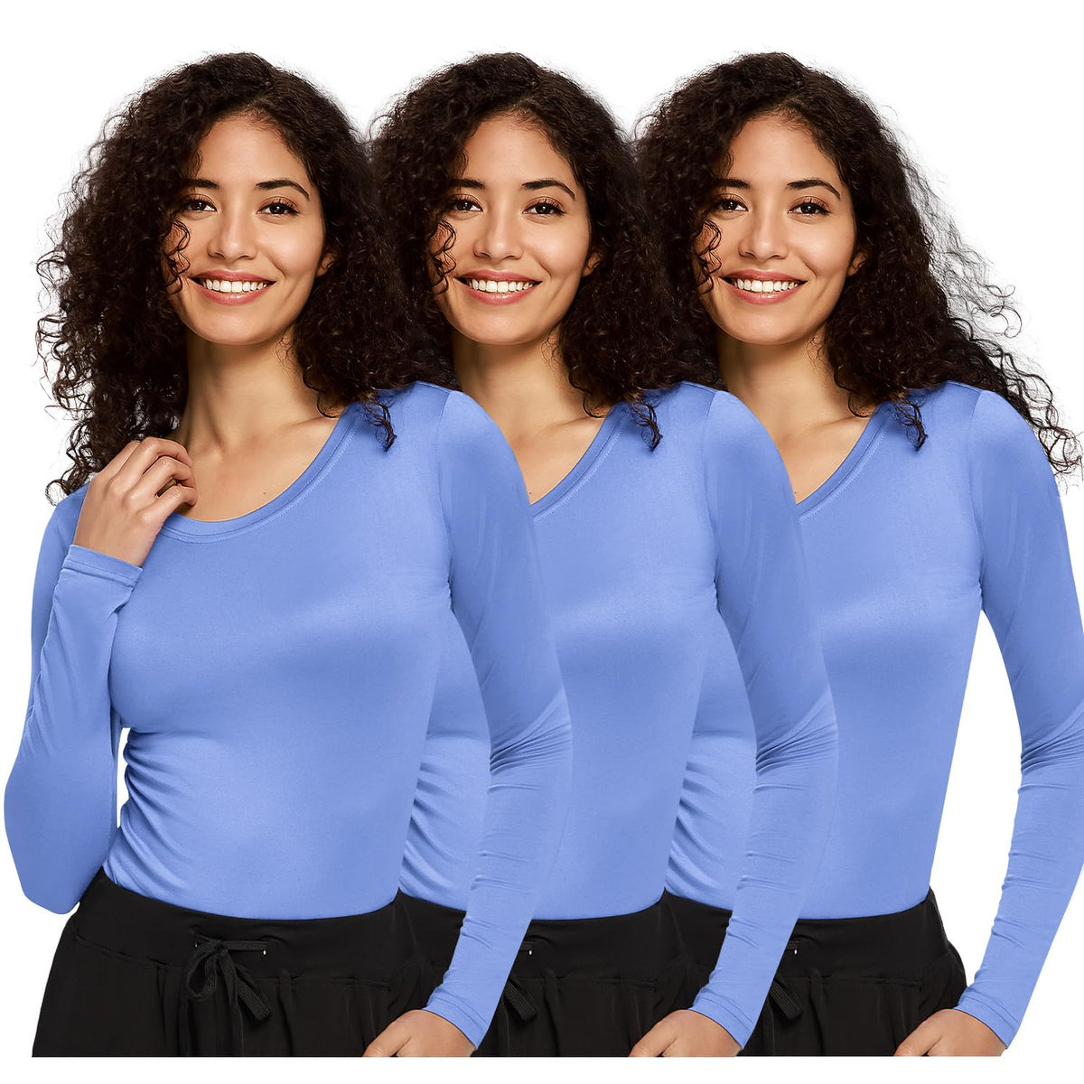 Mira Long Sleeve Crew Neck Underscrub 3-Pack — Ceil Blue — 1