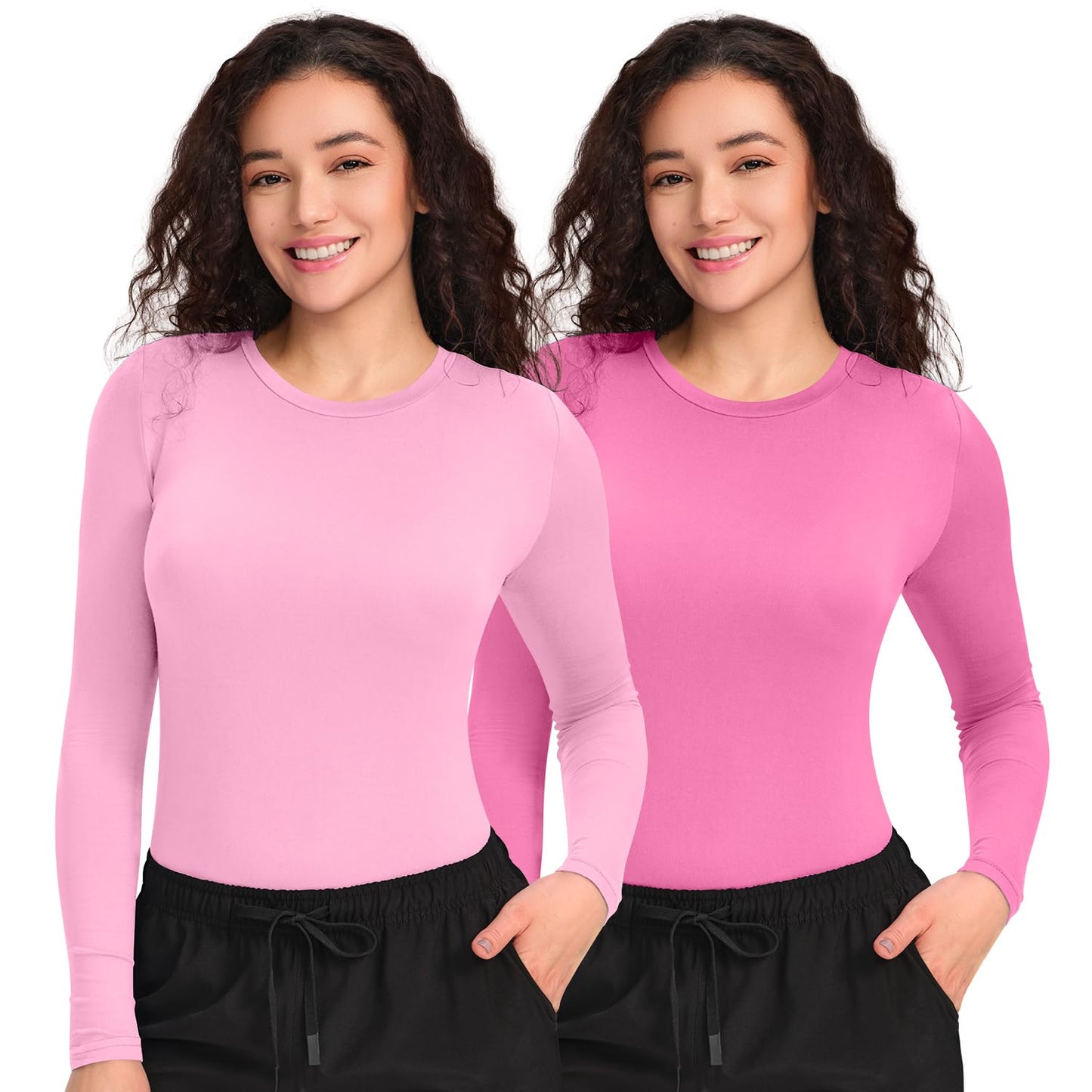 CSDD03 Women's 2-Pack Long-Sleeve Underscrub Top — Pink/Hot Pink — 1