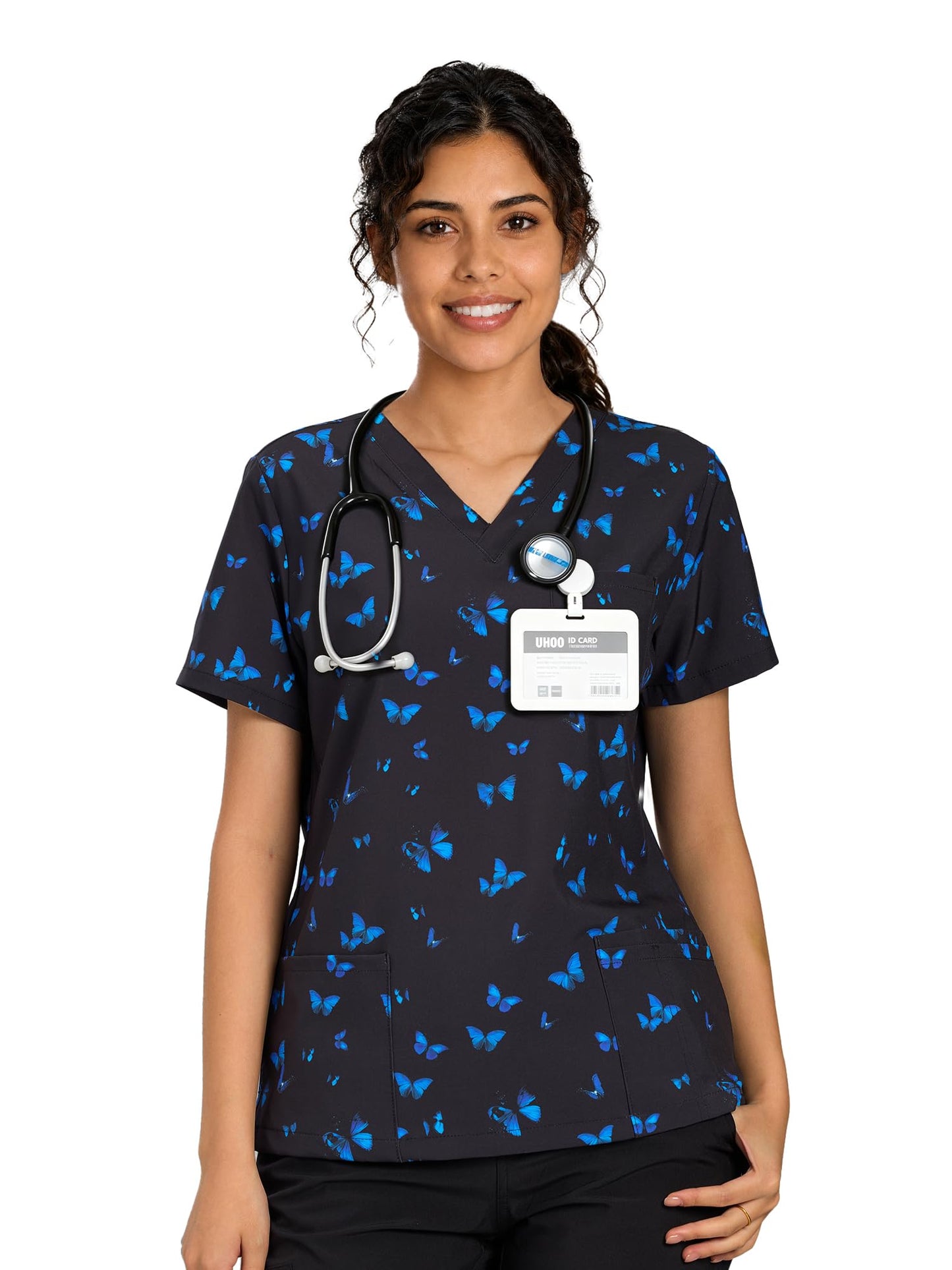 CSYHT01P01 Women's Printed V-Neck Scrub Top — Blue Butterfly — 1