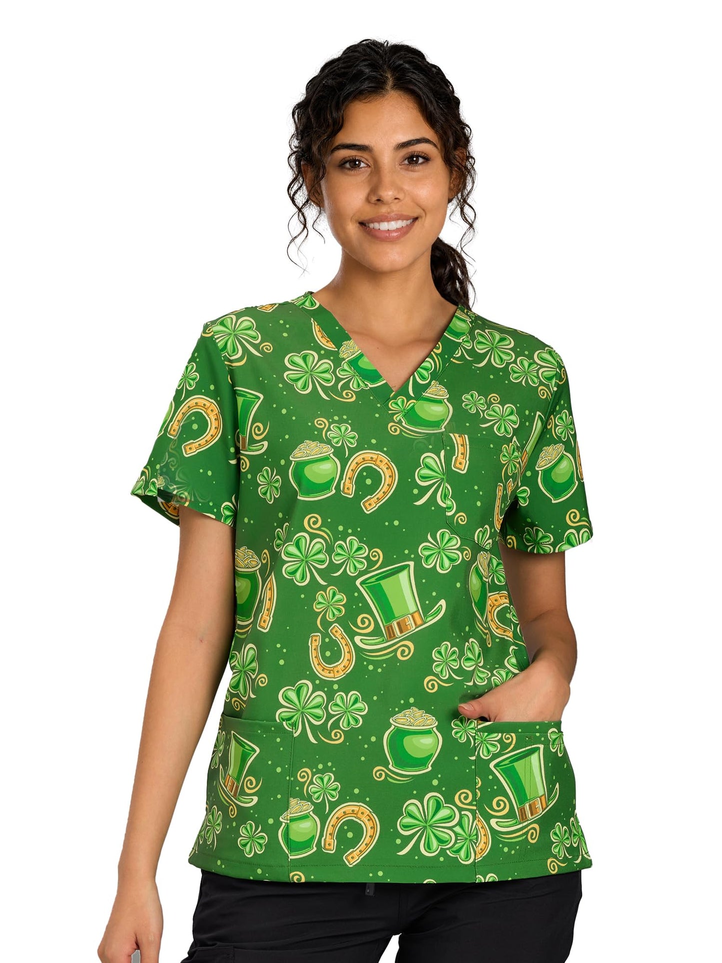 CSYHT01P01 Women's Printed V-Neck Scrub Top — Trifolium — 6