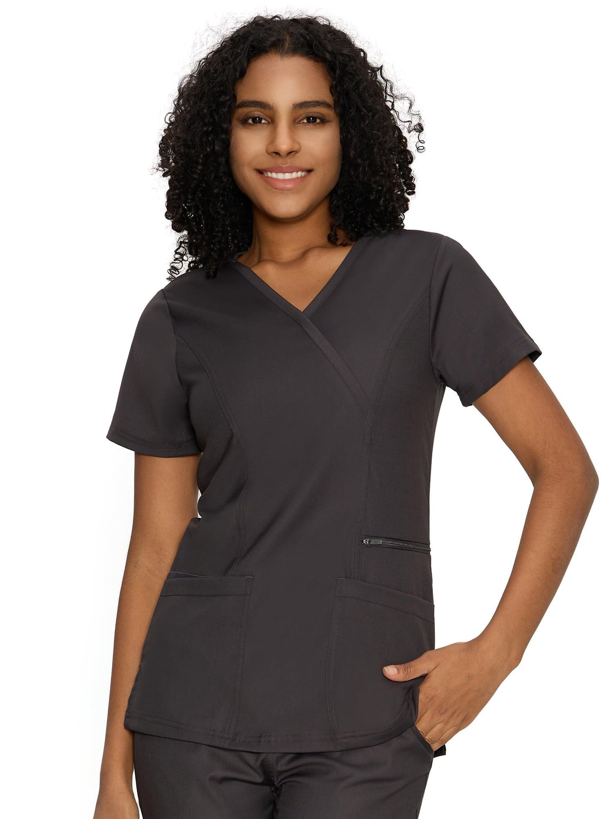 Venus Mock Wrap Scrub Top, Dark Grey, Model Front View
