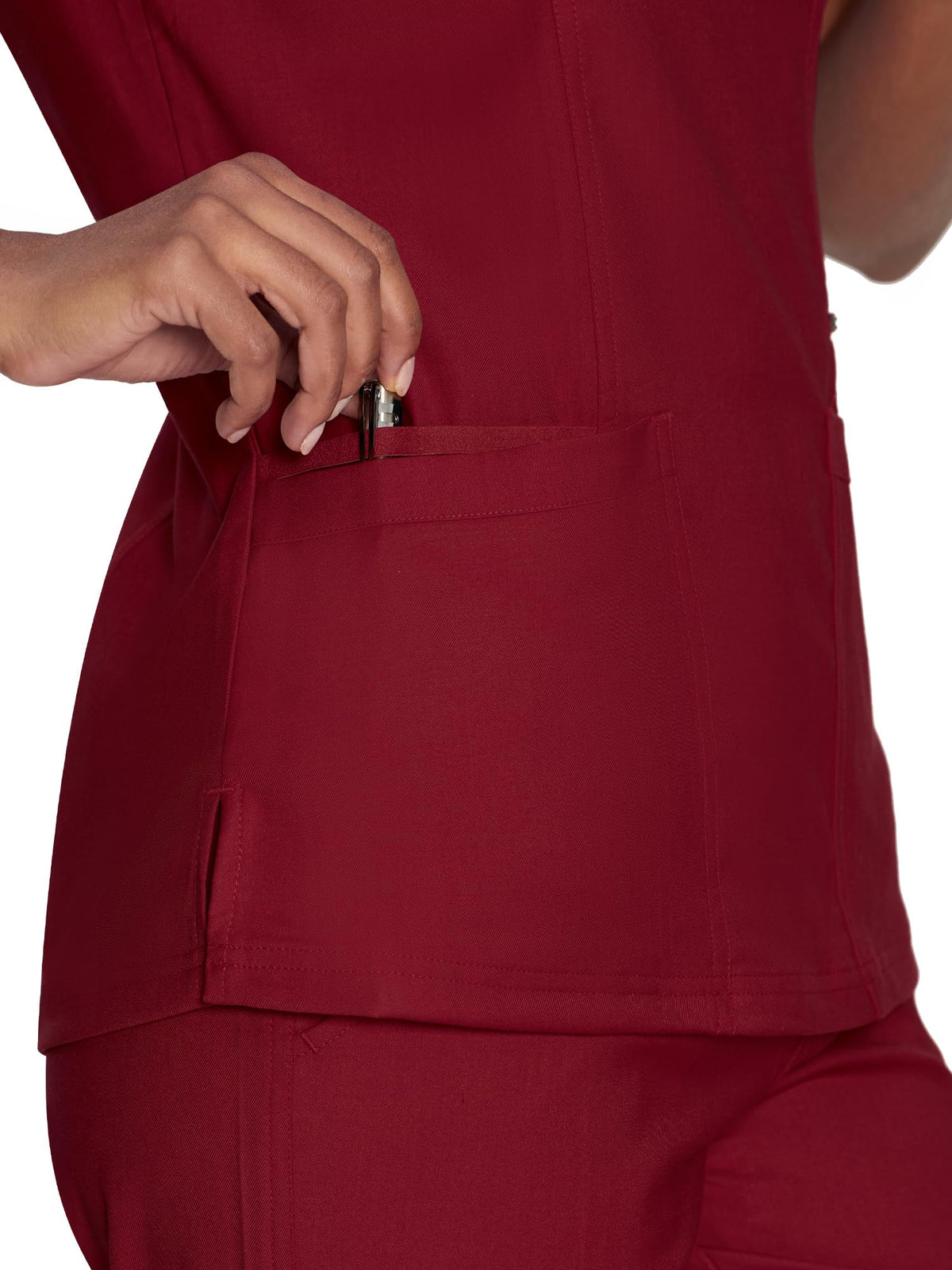 Venus Mock Wrap Scrub Top, Burgundy, Pocket Detail 2