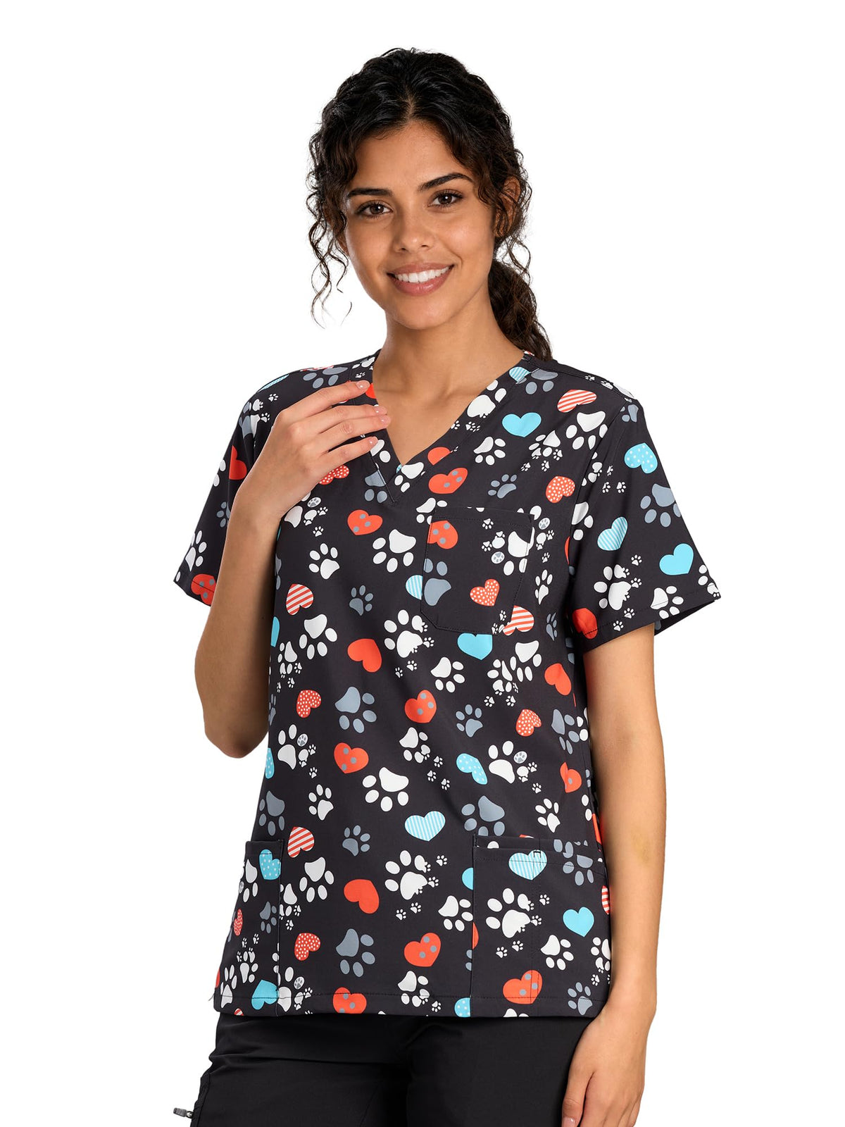 CSYHT01P01 Women's Printed V-Neck Scrub Top — Dog Paw Prints — 4