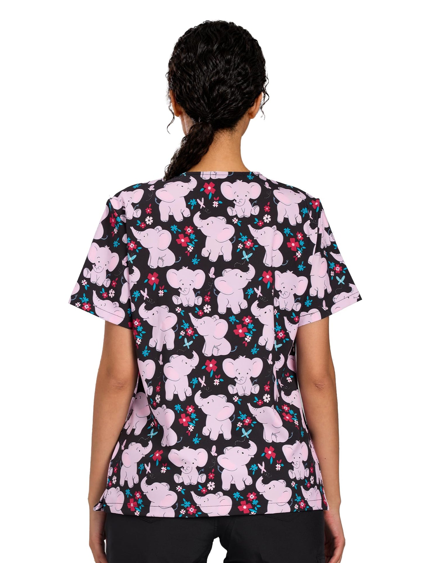 CSYHT01P01 Women's Printed V-Neck Scrub Top — Pink Elephant — 5