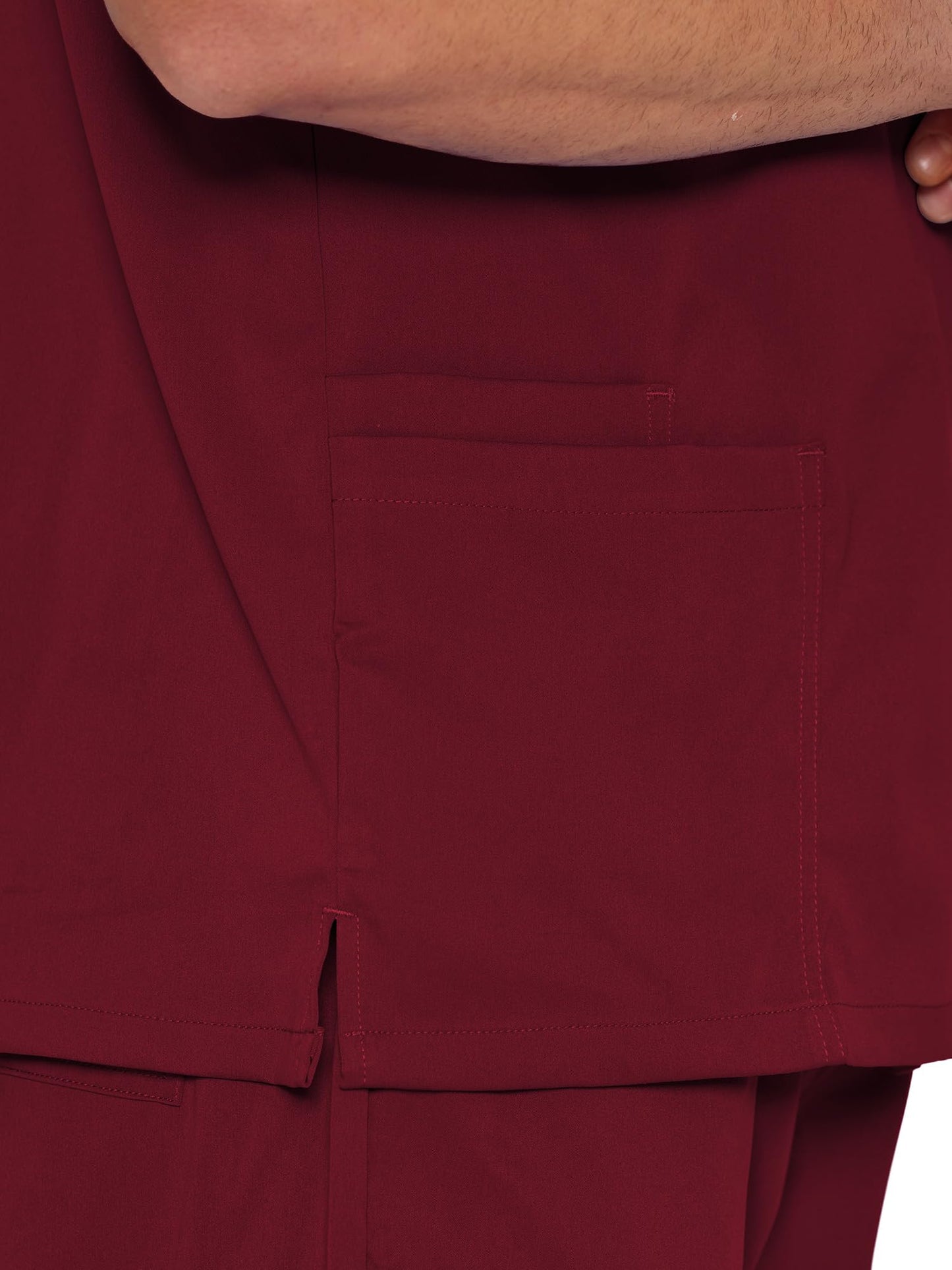Orion V-Neck Scrub Top, Burgundy, Side Hem Slit Detail