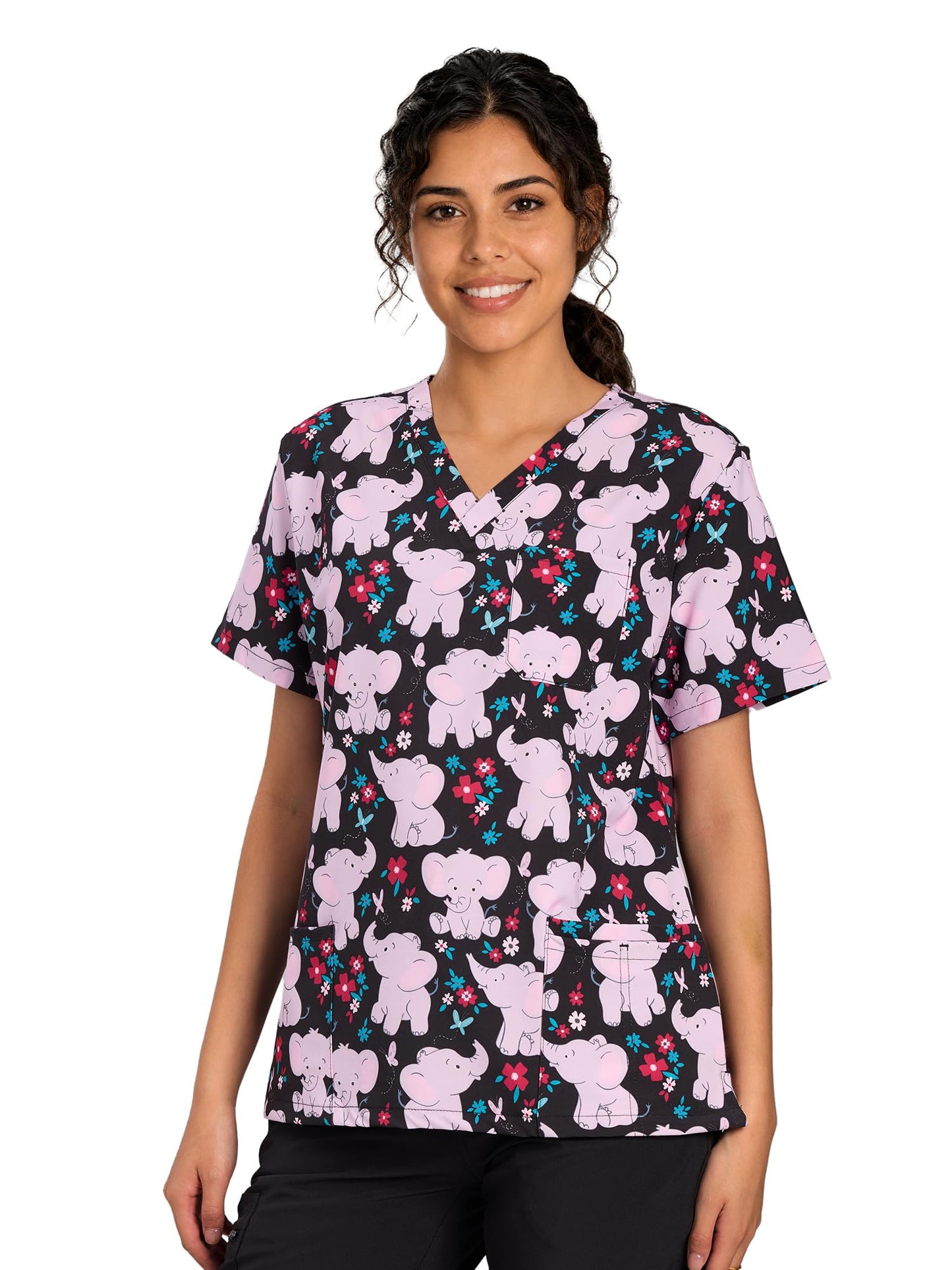 CSYHT01P01 Women's Printed V-Neck Scrub Top — Pink Elephant — 3