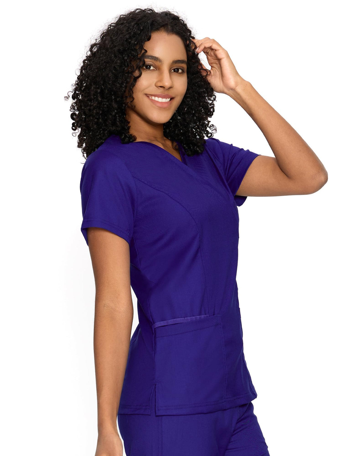 Venus Mock Wrap Scrub Top, Purple, Model Front View
