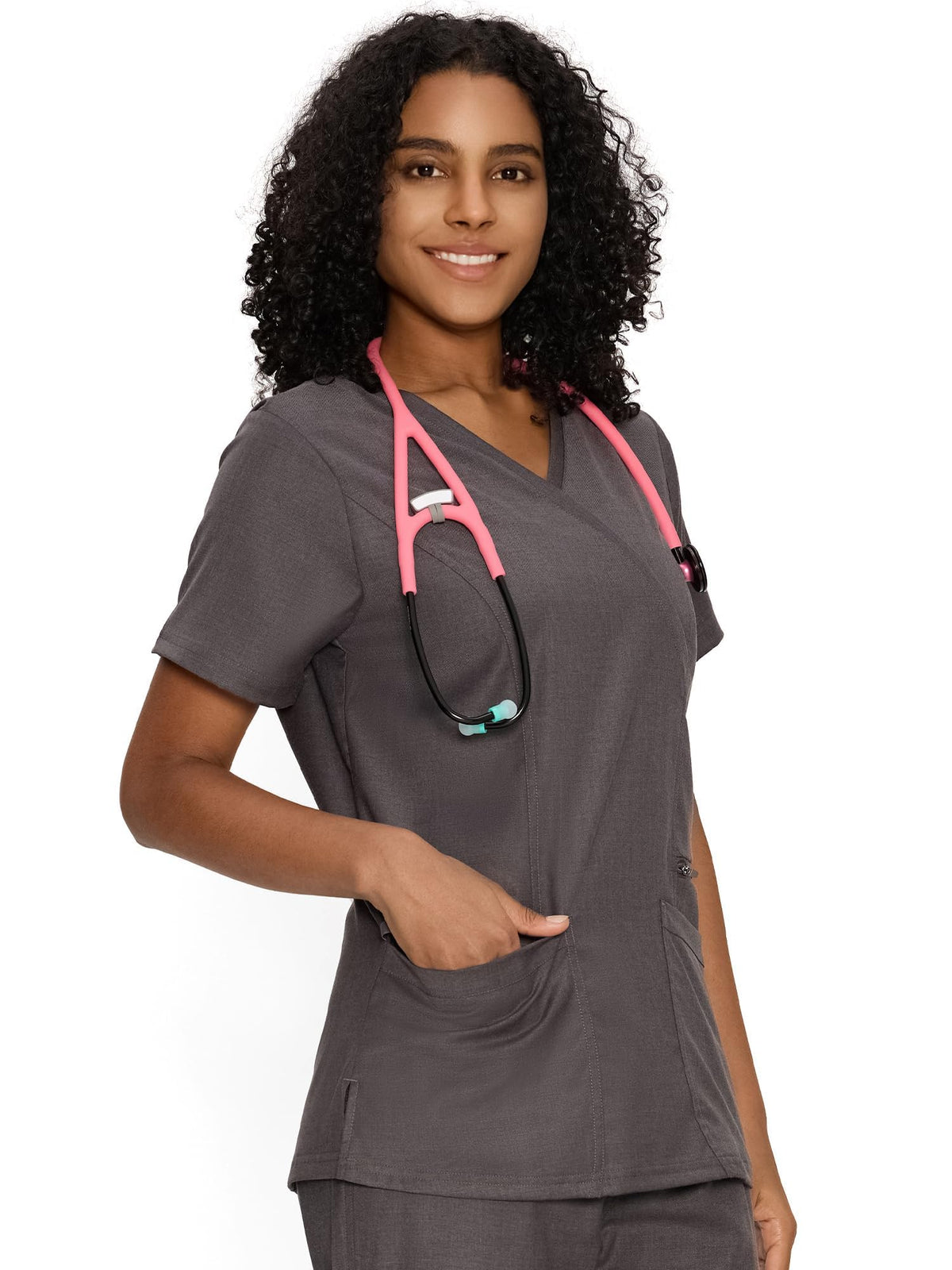 Venus Mock Wrap Scrub Top, Rock Grey, Model Front View