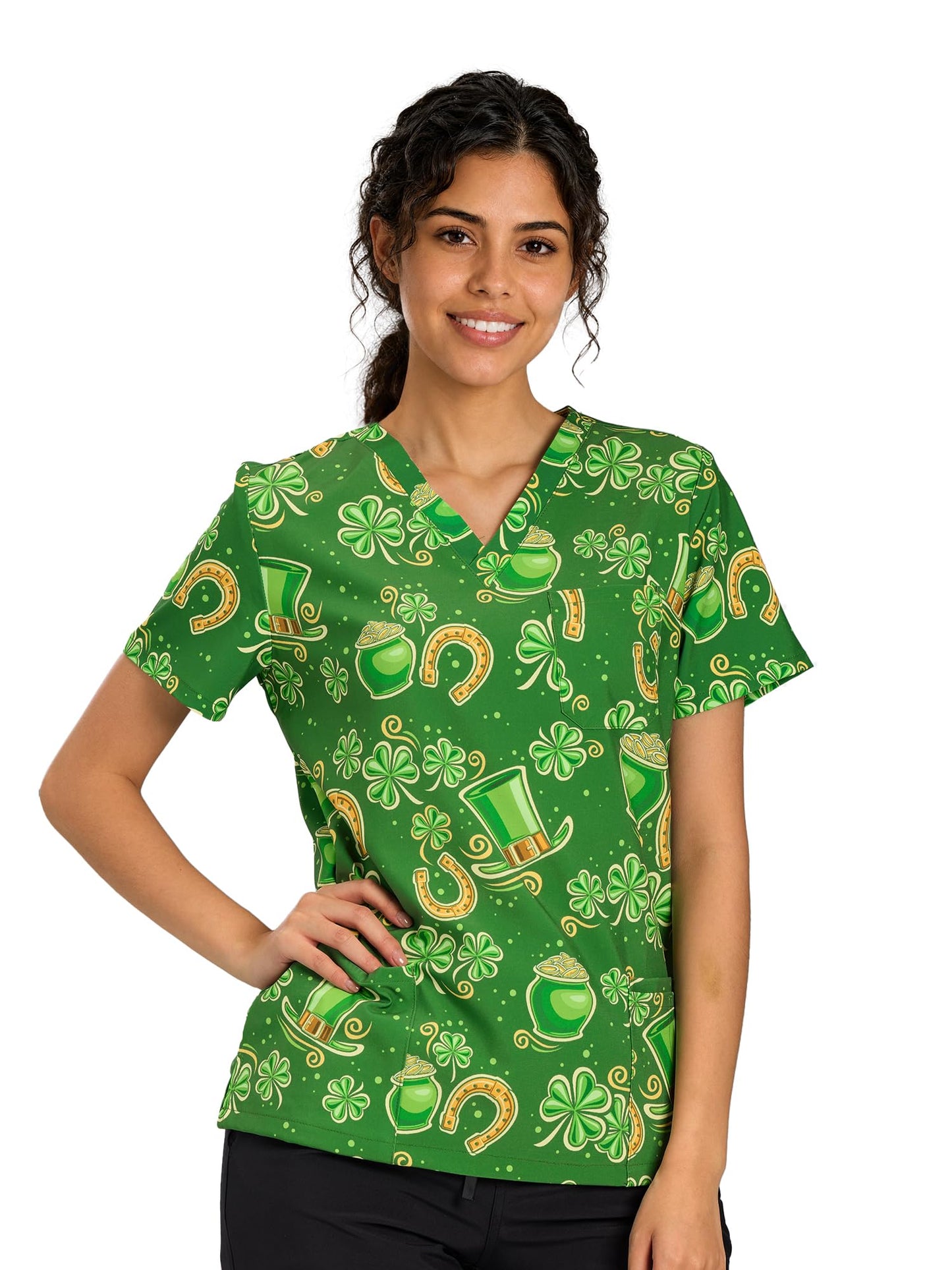 CSYHT01P01 Women's Printed V-Neck Scrub Top — Trifolium — 4