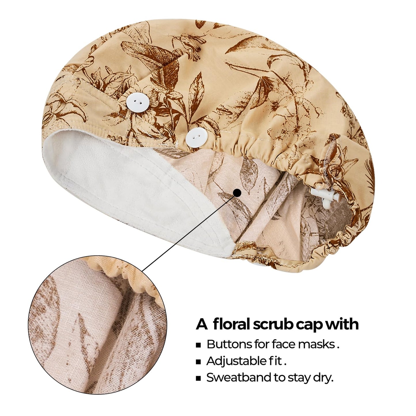 Adjustable Button Scrub Cap — B18-Etched Botanicals — Single Layer — 2