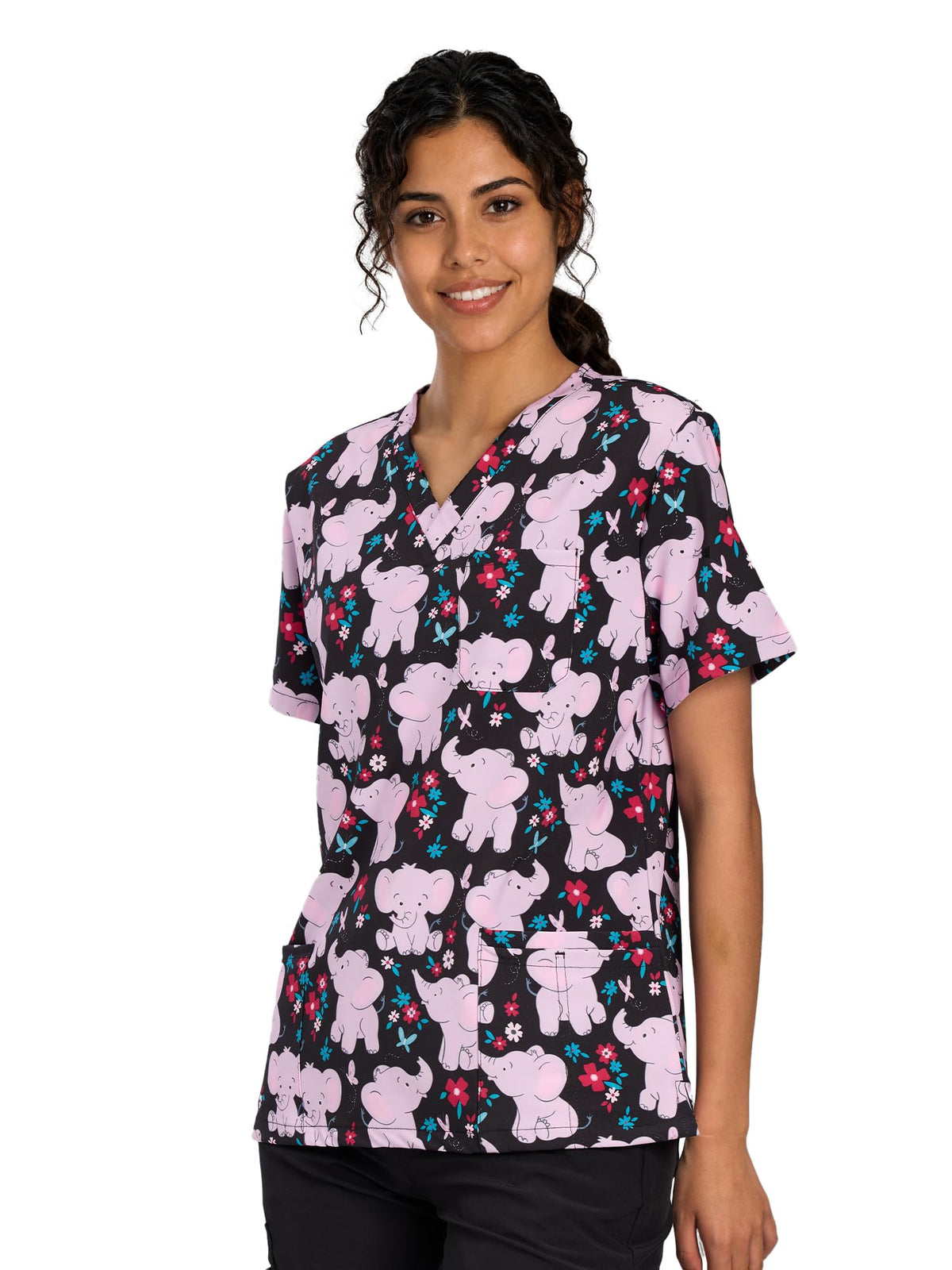 CSYHT01P01 Women's Printed V-Neck Scrub Top — Pink Elephant — 4