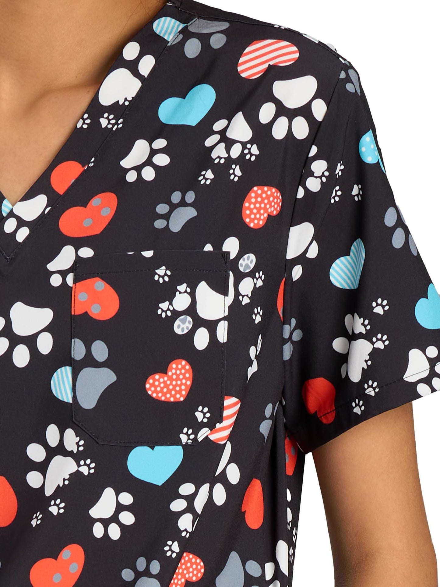 CSYHT01P01 Women's Printed V-Neck Scrub Top — Dog Paw Prints — 7