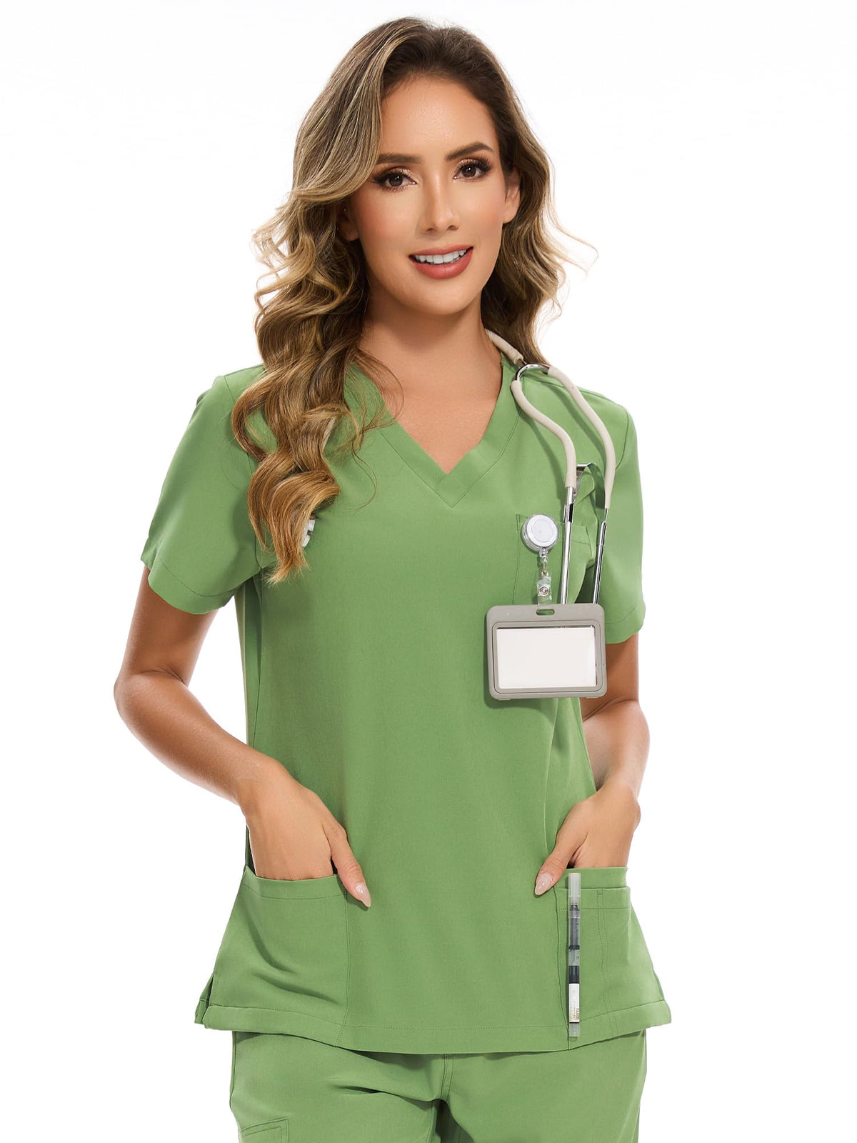 Luna V-Neck Scrub Top — Beanstalk Green — 1